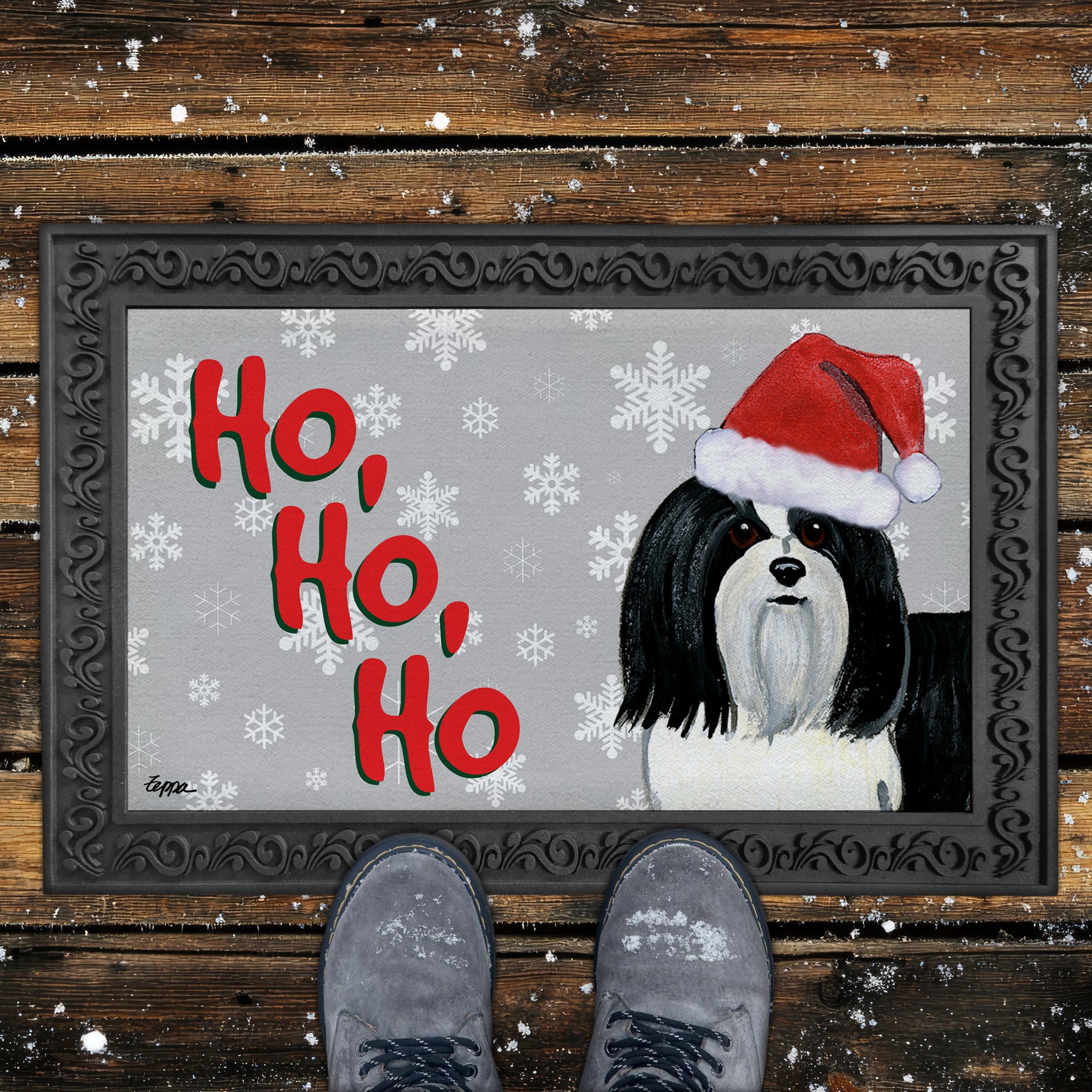 Black and White Havanese Ho Ho Ho Door Mat in Grey