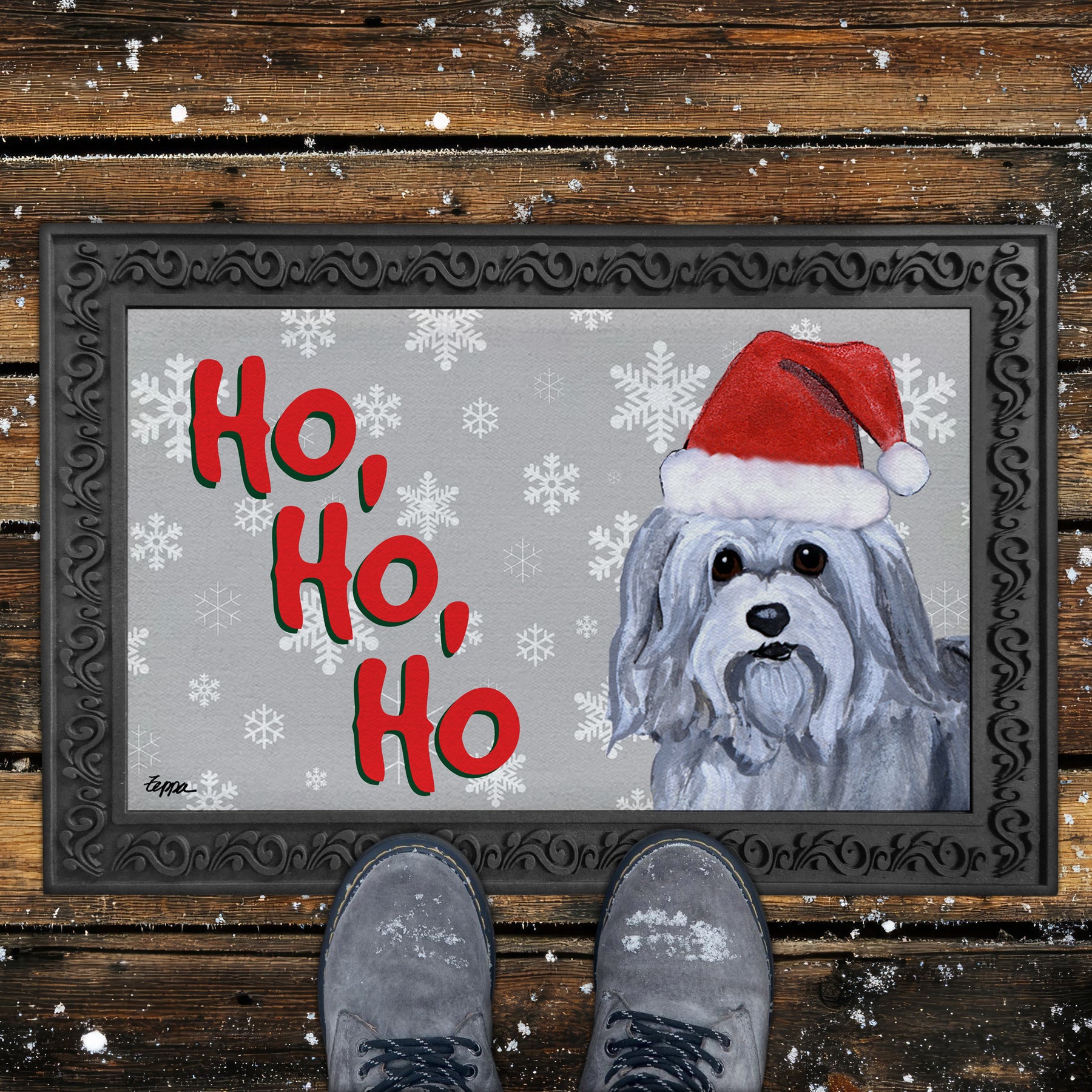Havanese Ho Ho Ho Door Mat in Grey