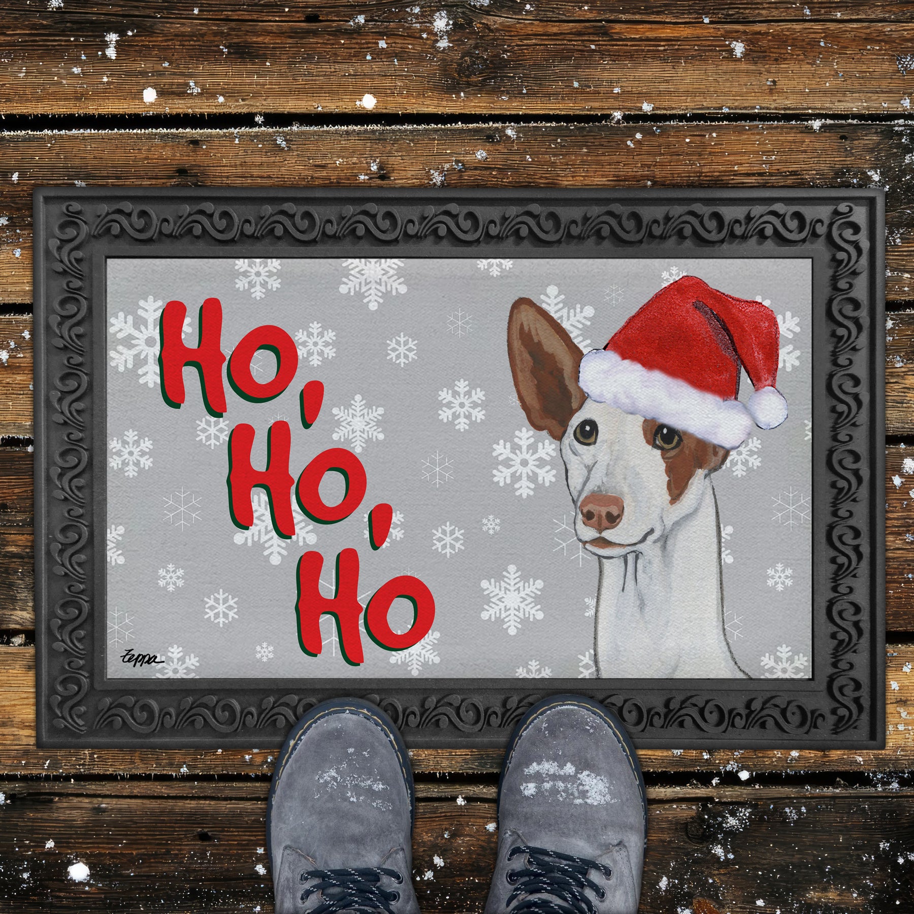 Ibizan Hound Ho Ho Ho Door Mat in Grey