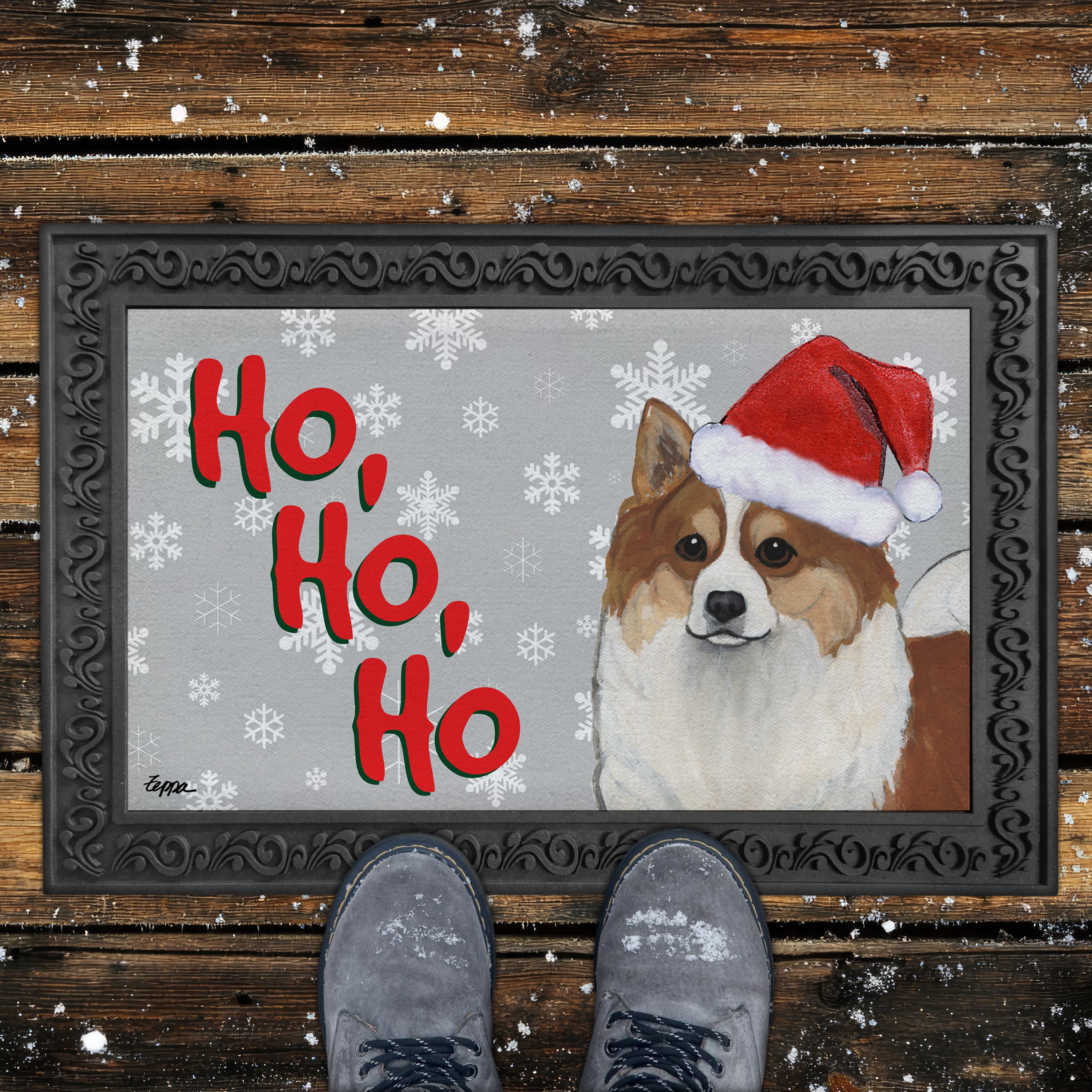 Icelandic Sheepdog Ho Ho Ho Door Mat in Grey