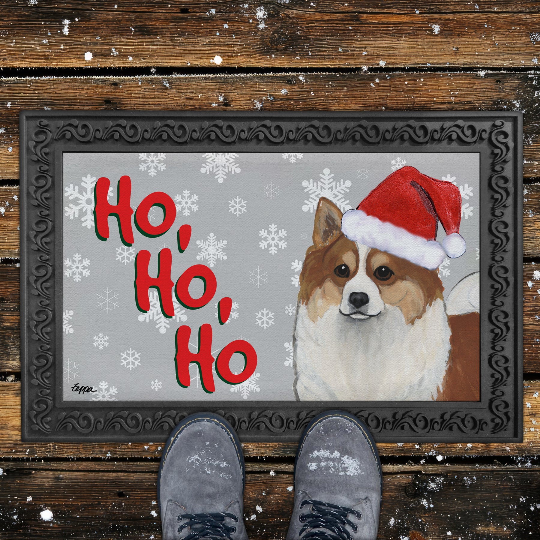 Icelandic Sheepdog Ho Ho Ho Door Mat in Grey