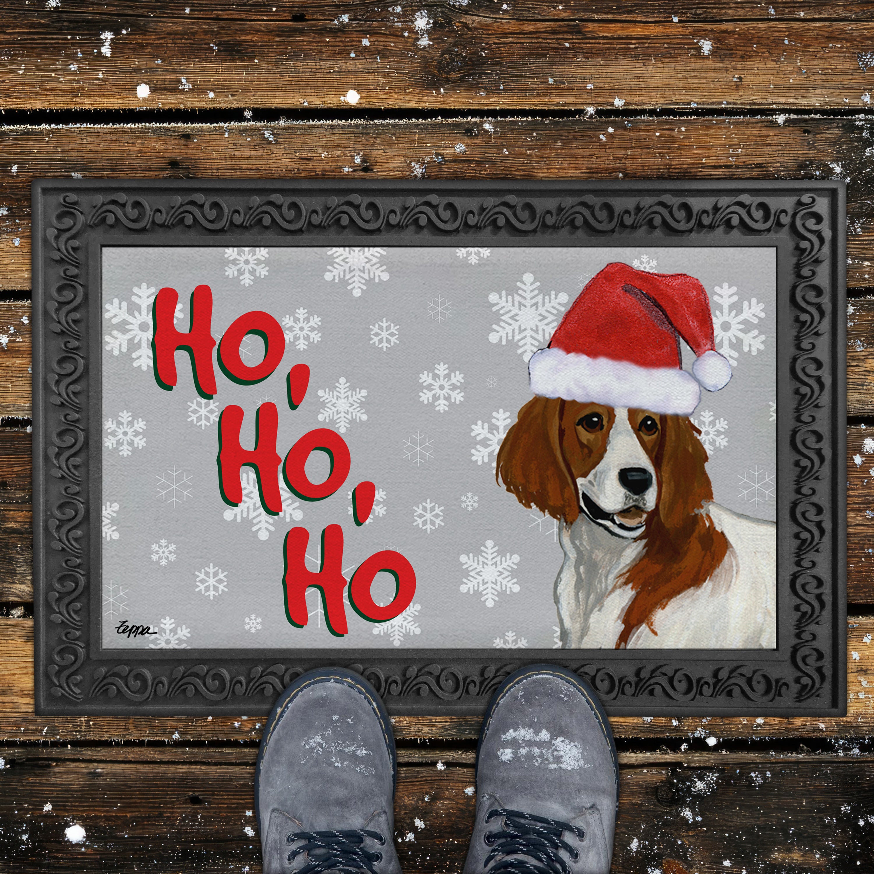 Irish Red and White Setter Ho Ho Ho Door Mat in Grey