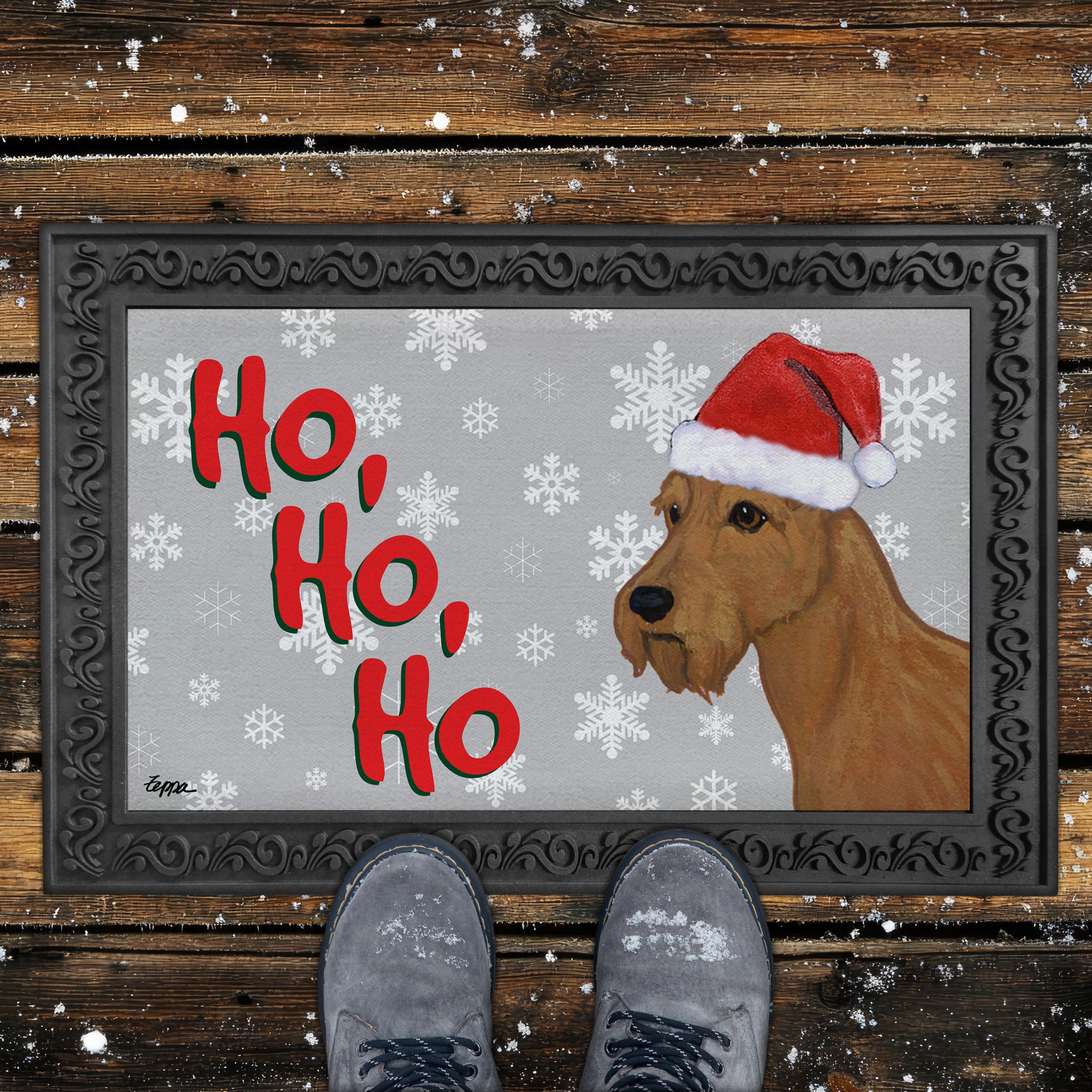 Irish Terrier Ho Ho Ho Door Mat in Grey