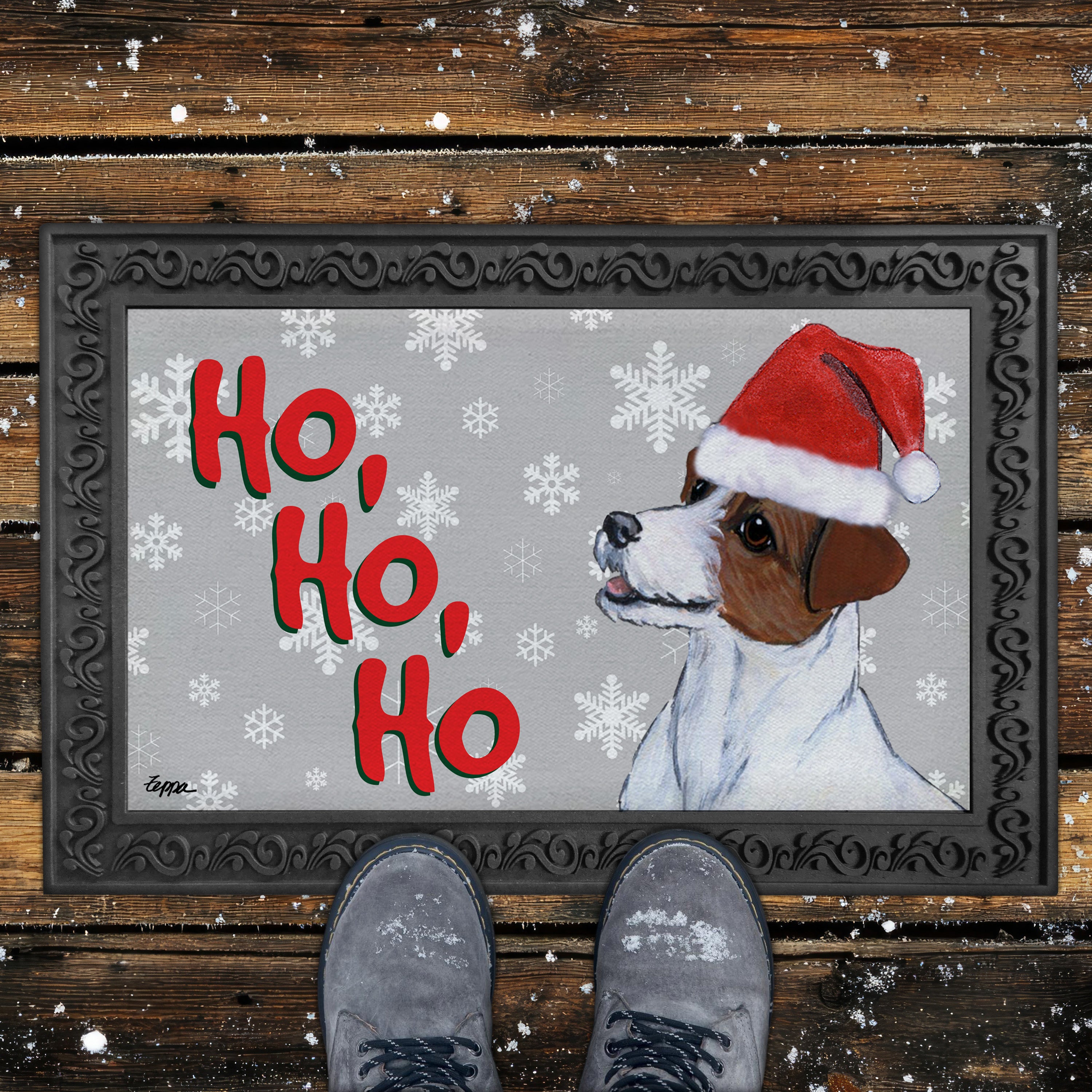 Jack Russell Terrier Ho Ho Ho Door Mat in Grey