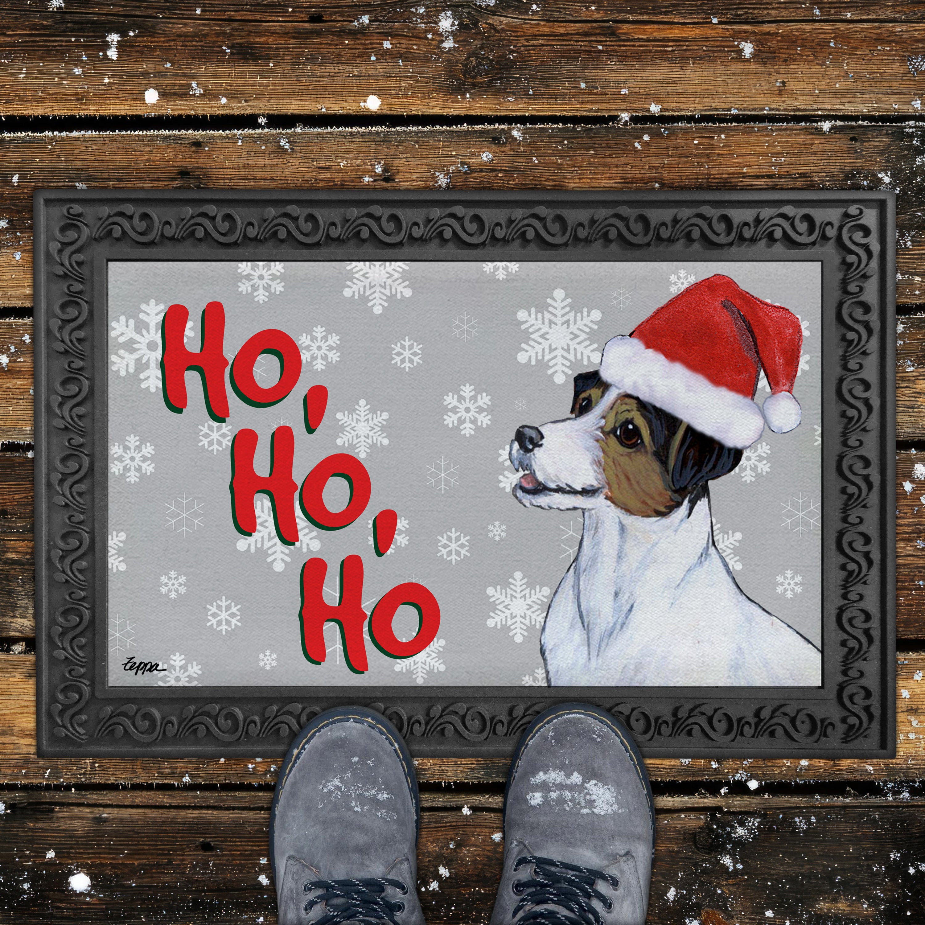 Tri Jack Russell Ho Ho Ho Door Mat in Grey