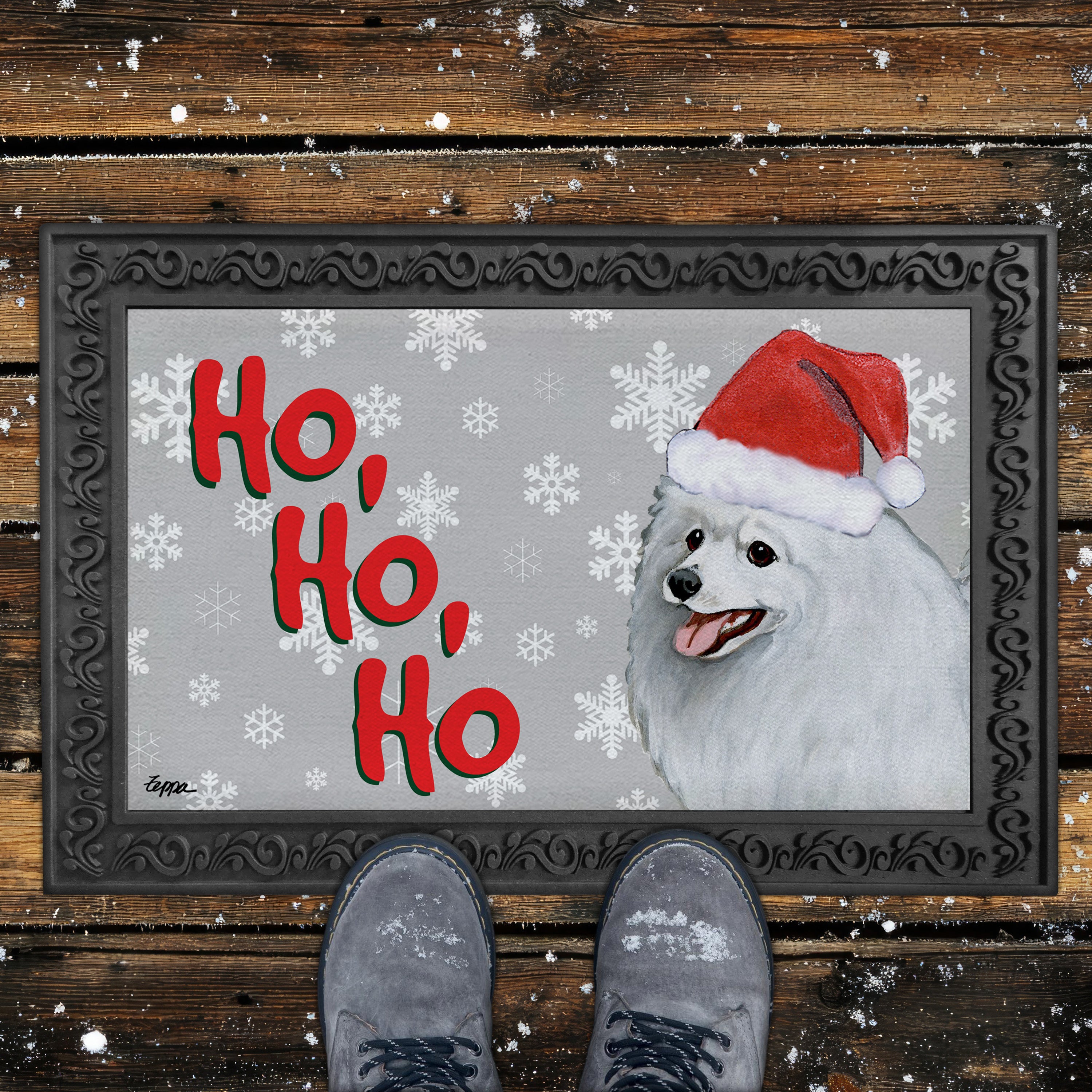 Japanese Spitz Ho Ho Ho Door Mat in Grey