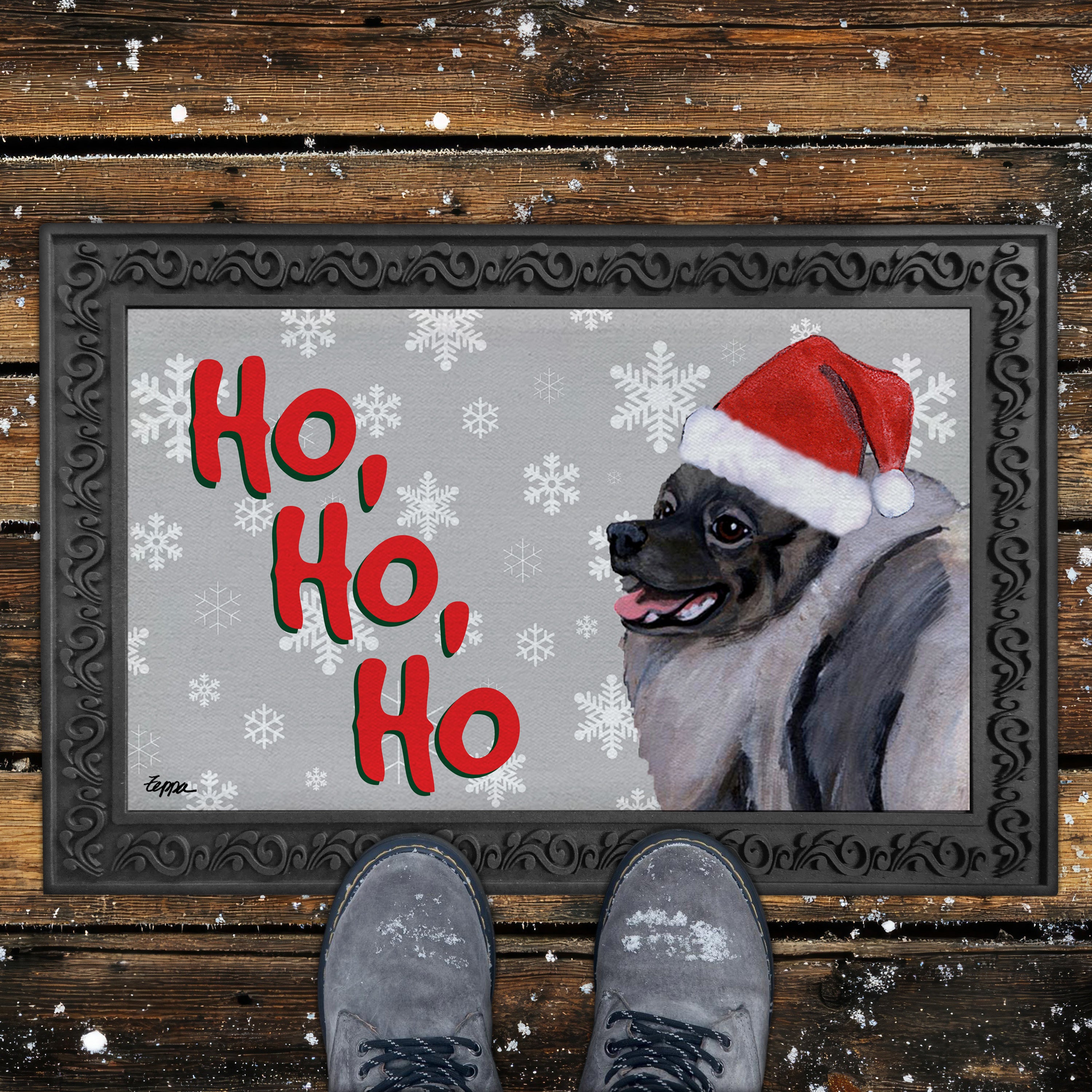 Keeshond Ho Ho Ho Door Mat in Grey