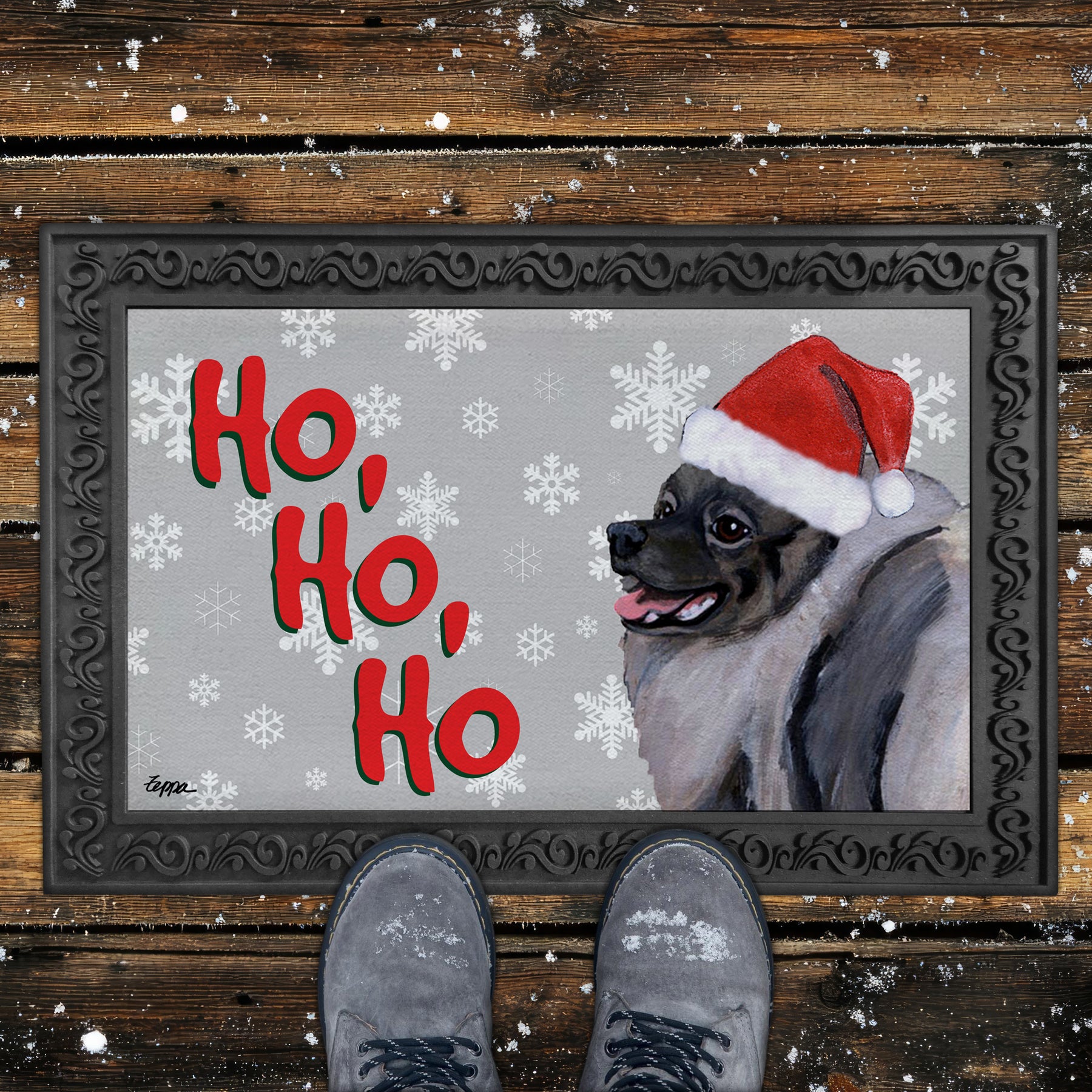 Keeshond Ho Ho Ho Door Mat in Grey