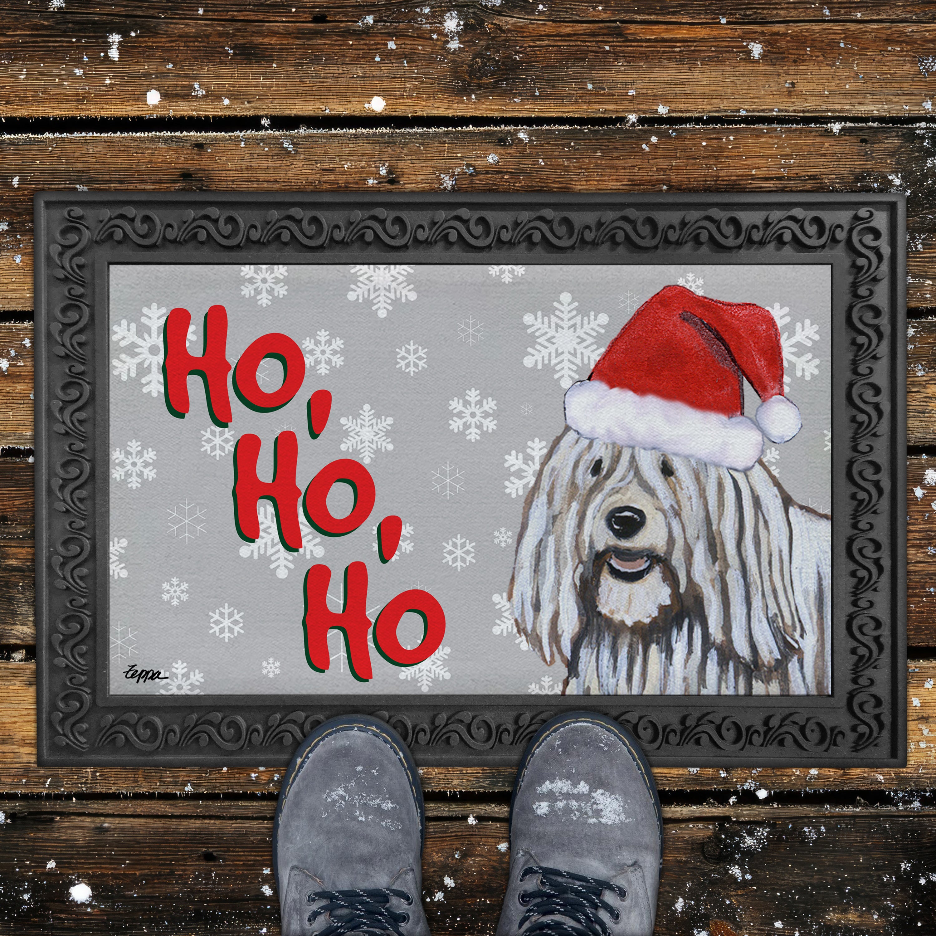 Komondor Ho Ho Ho Door Mat in Grey