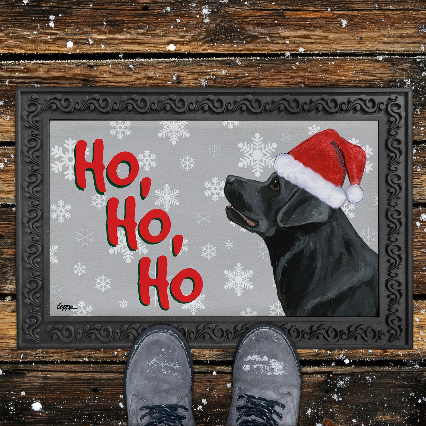 Standing Black Lab Ho Ho Ho Door Mat in Grey