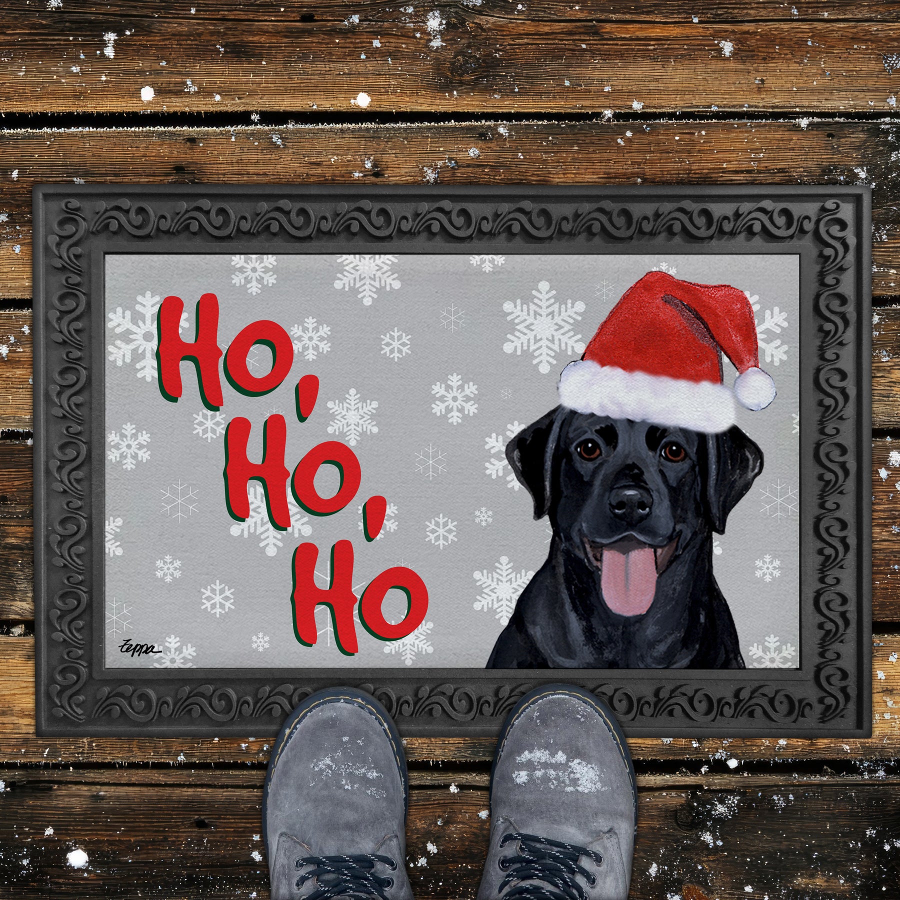 Black Lab Ho Ho Ho Door Mat in Grey
