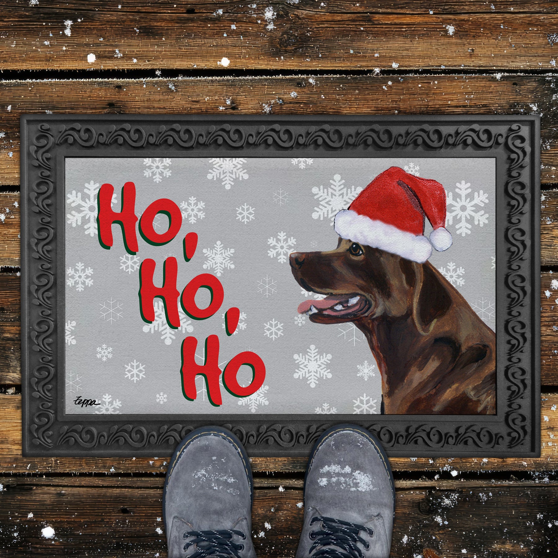 Sitting Chocolate Lab Ho Ho Ho Door Mat in Grey