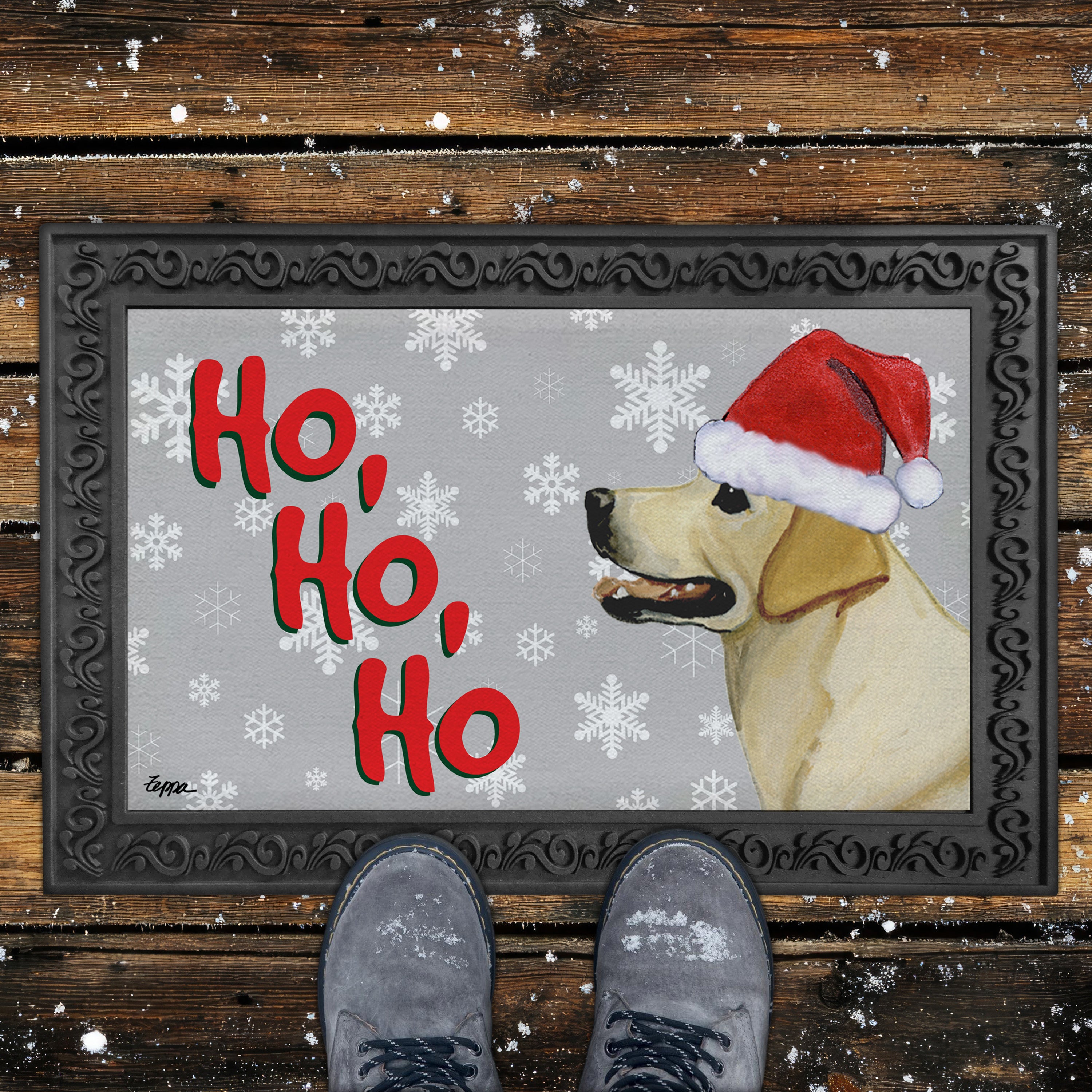 Standing Yellow Lab Ho Ho Ho Door Mat in Grey