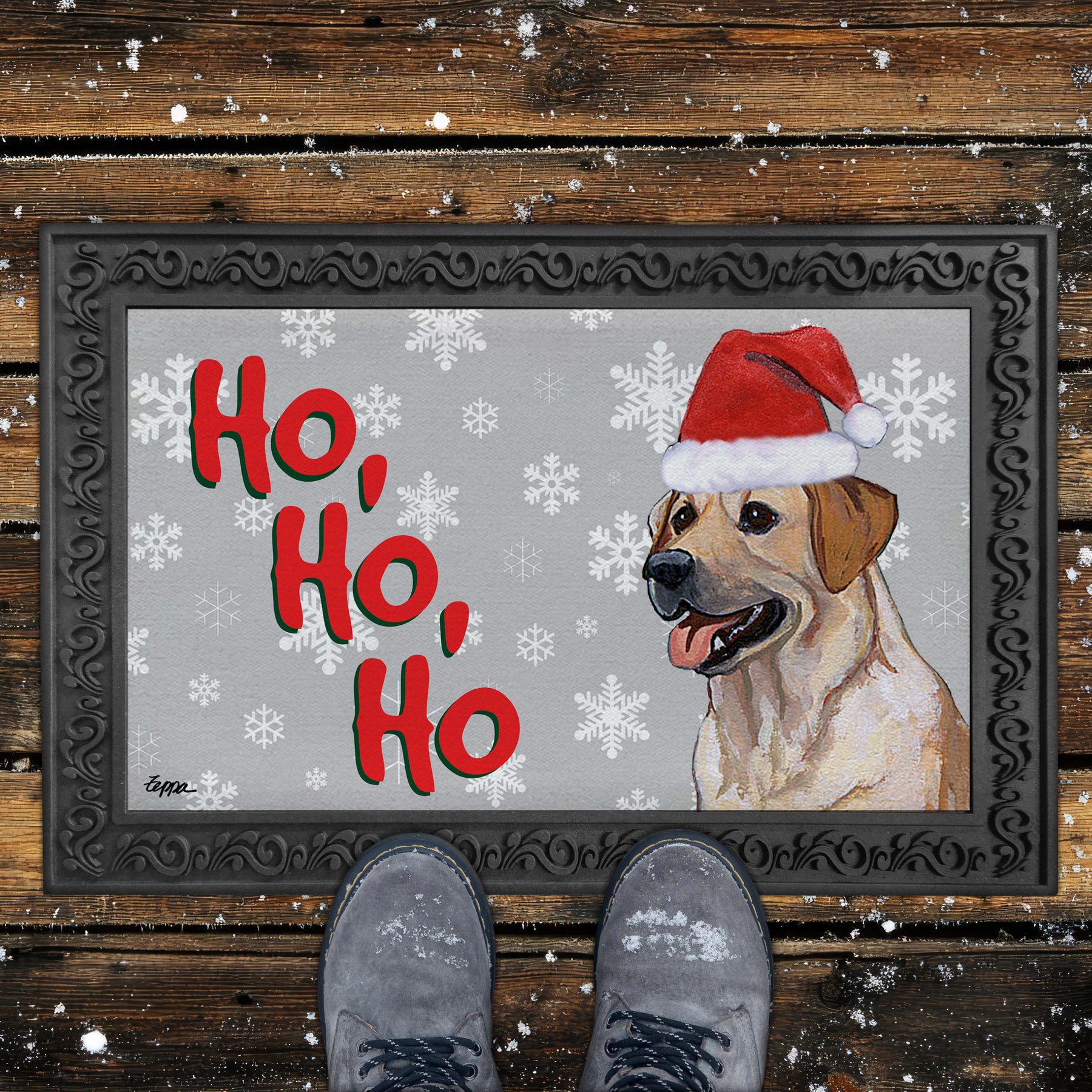 Yellow Lab Ho Ho Ho Door Mat in Grey