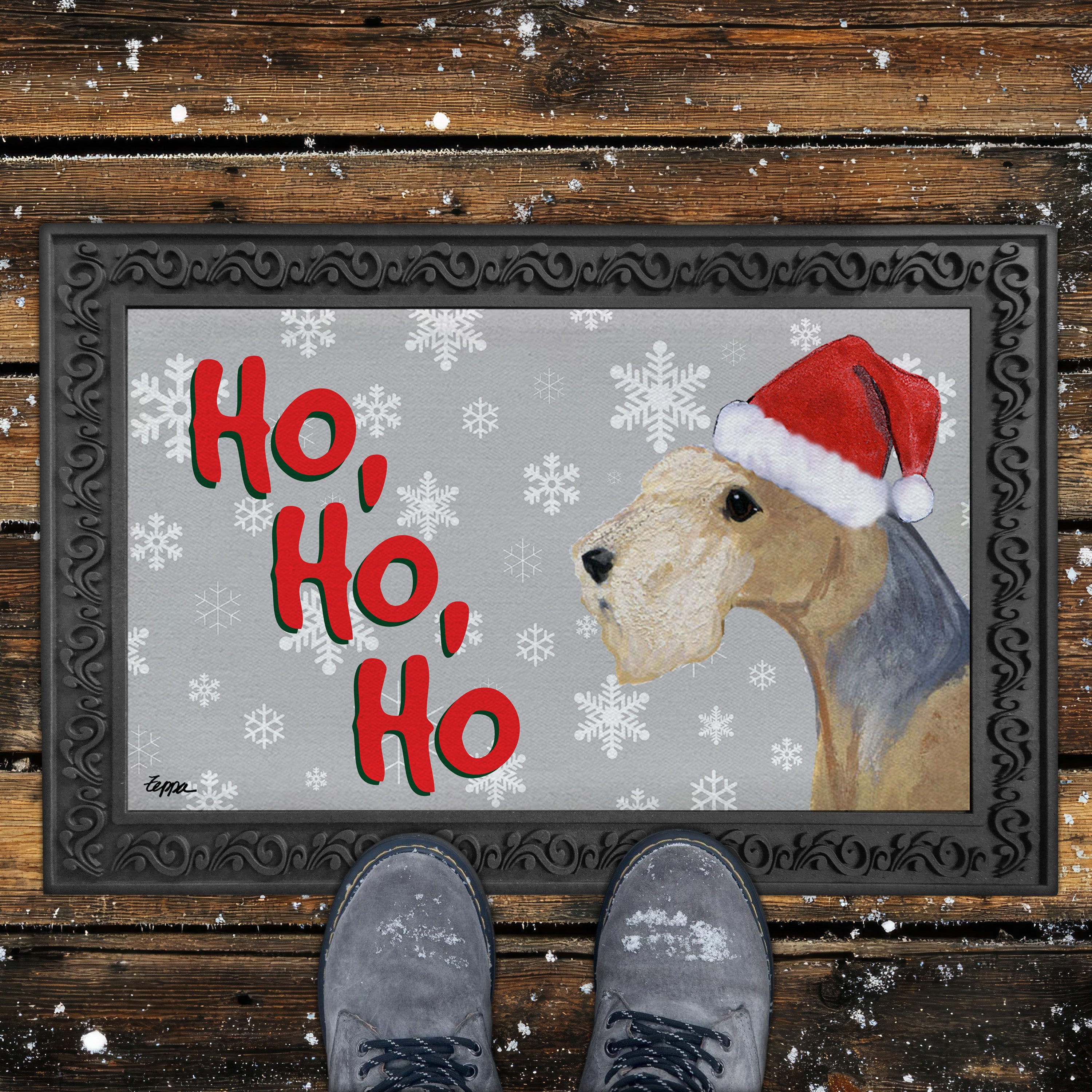 Lakeland Terrier Ho Ho Ho Door Mat in Grey
