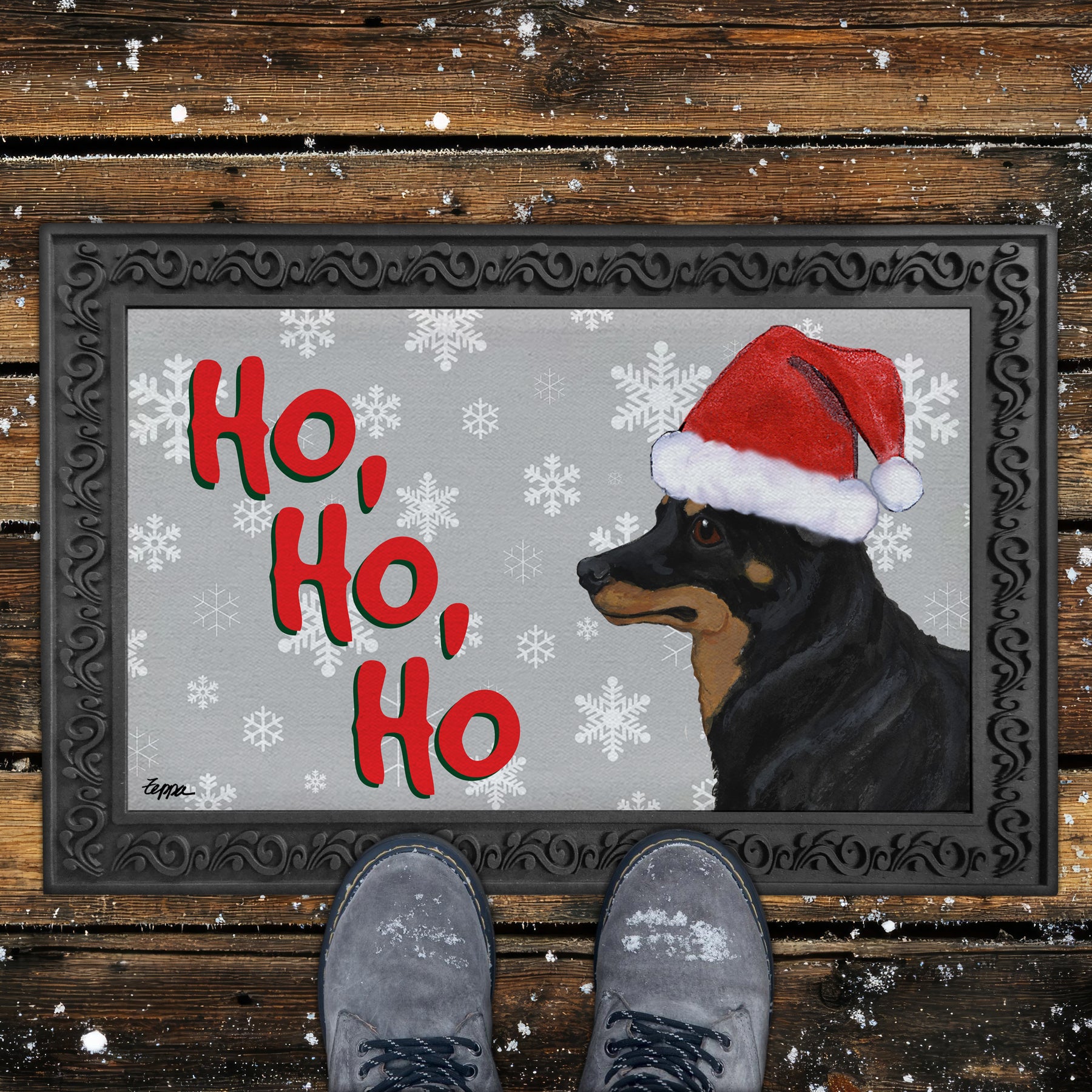 Lancashire Heeler Ho Ho Ho Door Mat in Grey