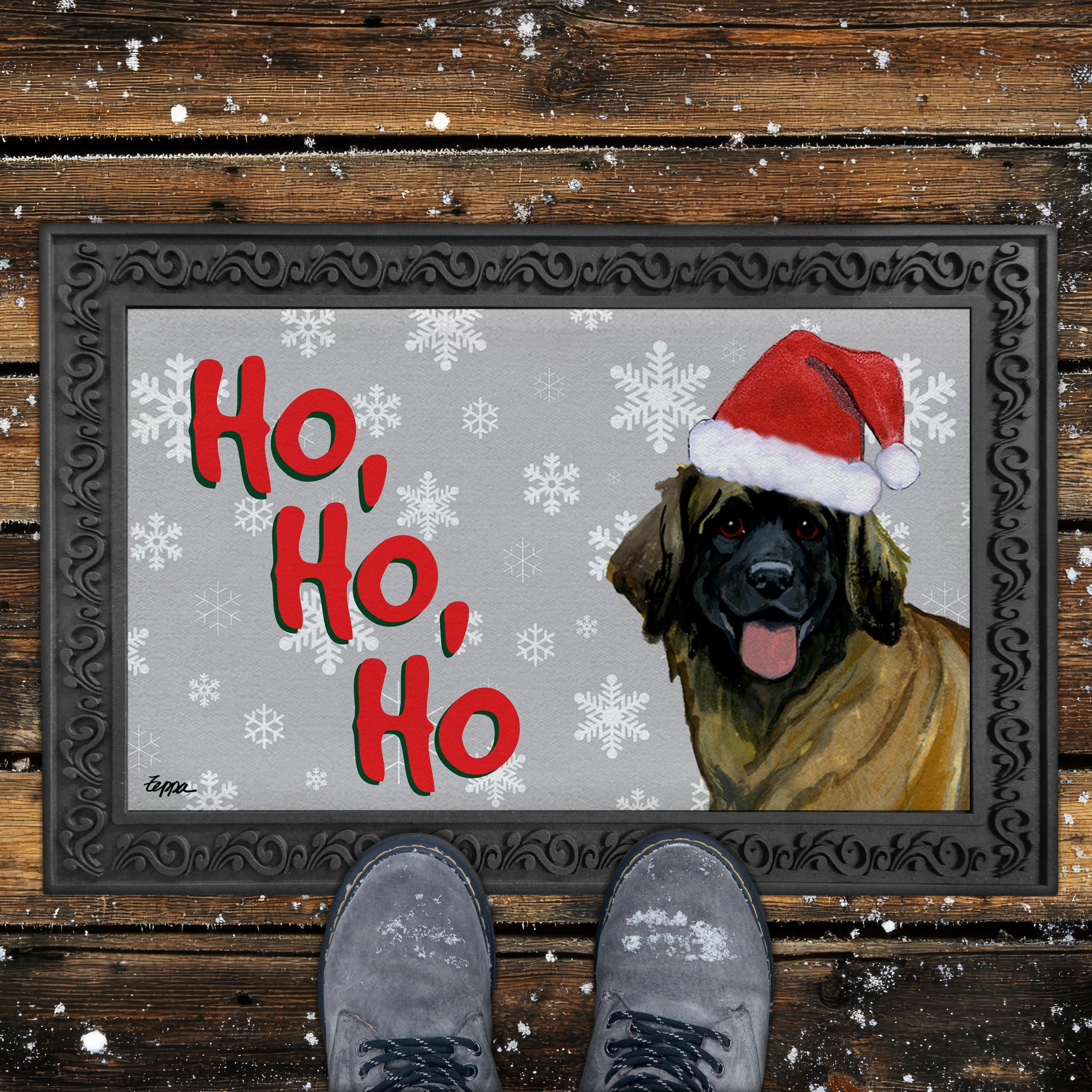 Leonberger Ho Ho Ho Door Mat in Grey