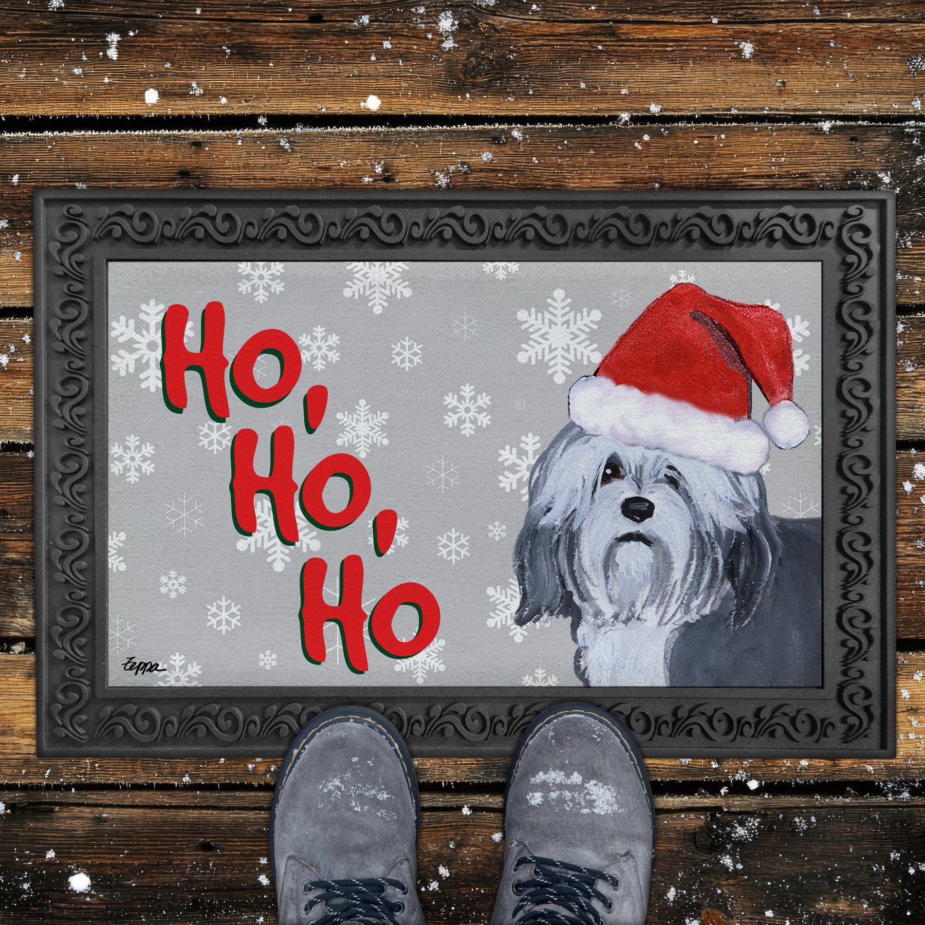 Lowchen Ho Ho Ho Door Mat in Grey