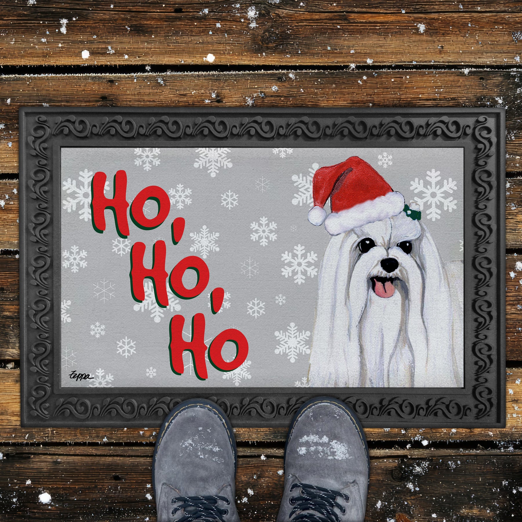 Maltese Ho Ho Ho Door Mat in Grey