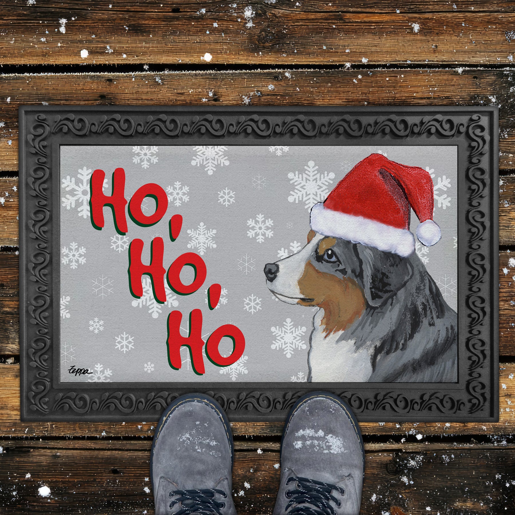 Miniature American Shepherd Ho Ho Ho Door Mat in Grey.