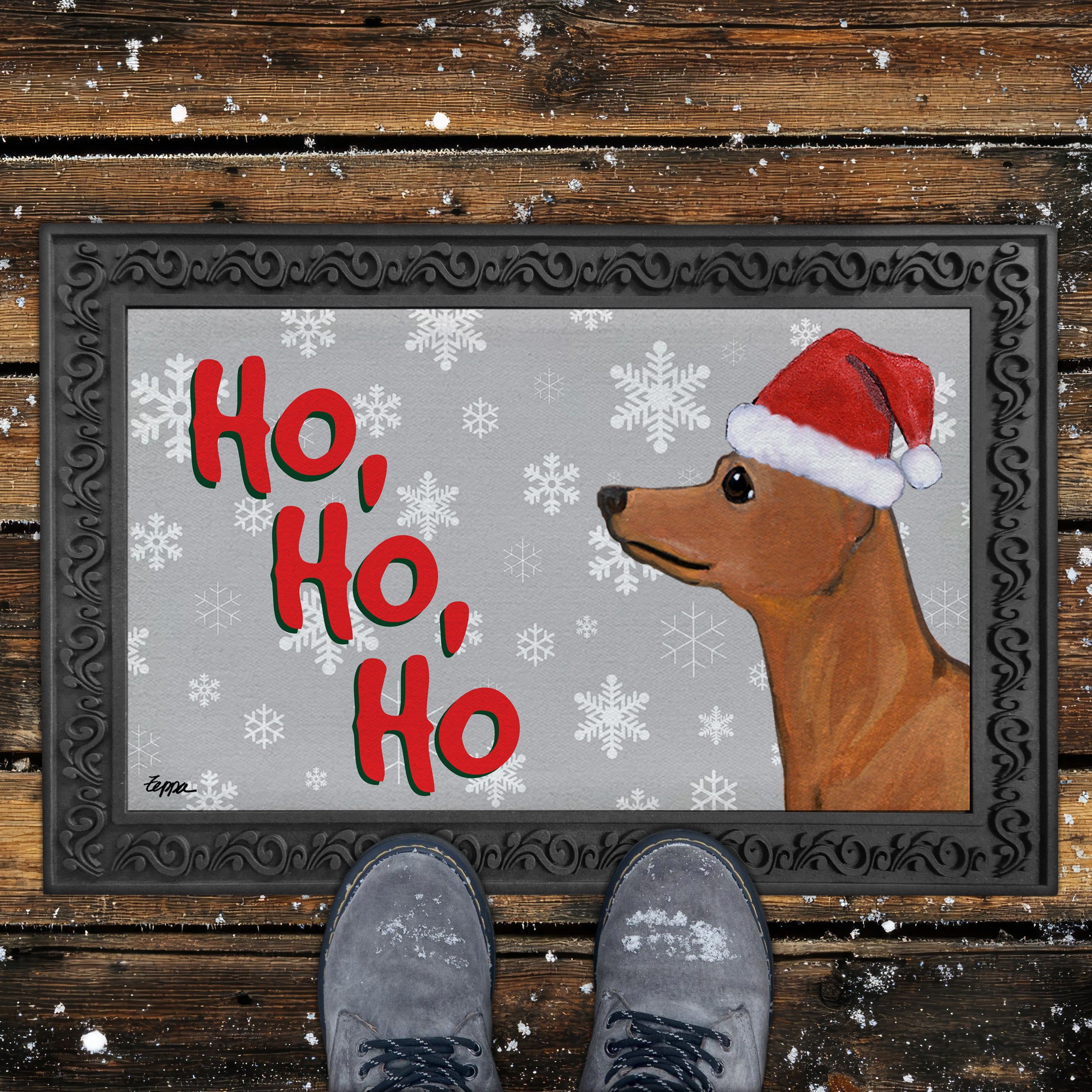Red Miniature PInscher Ho Ho Ho Door Mat in Grey