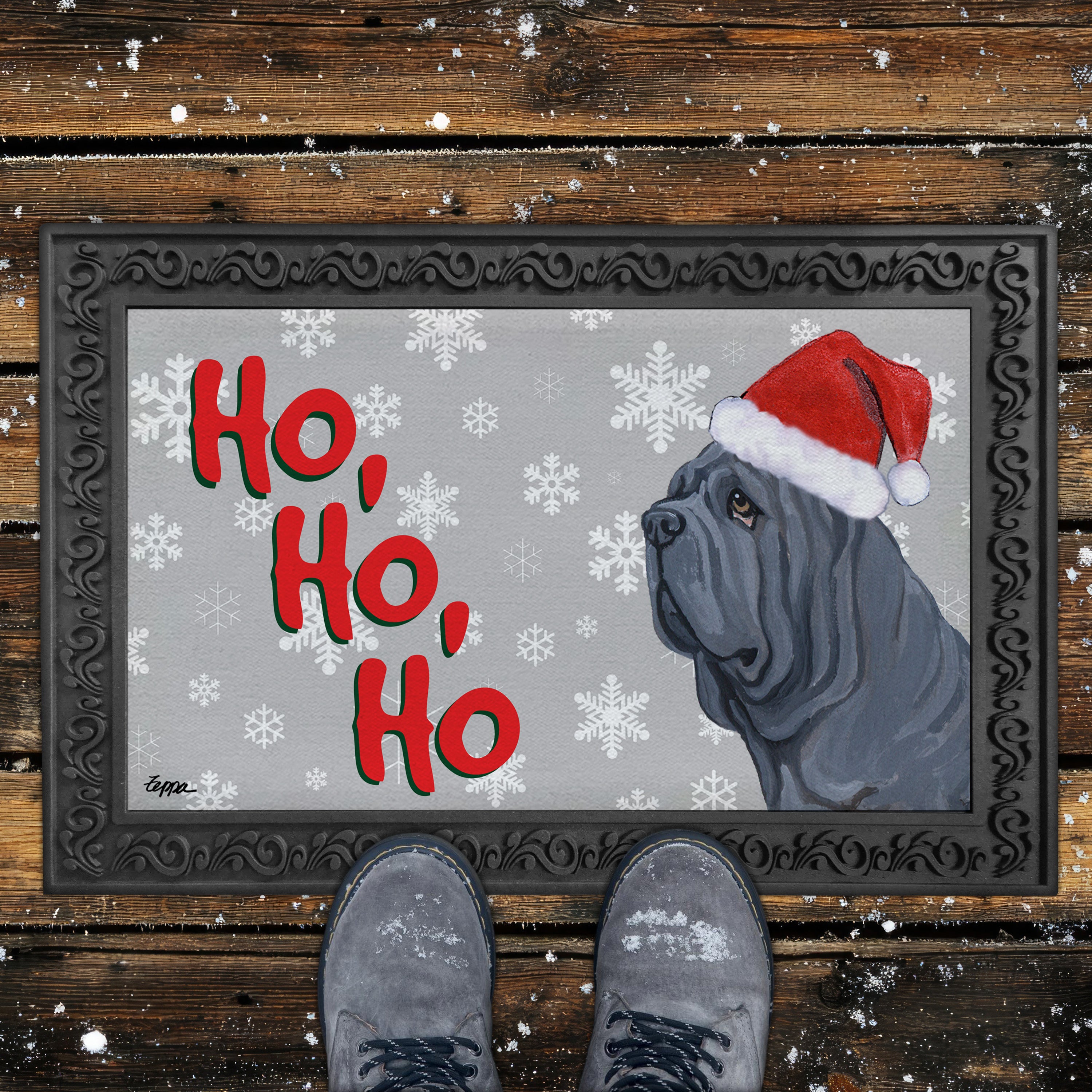 Neopolitan Mastiff Ho Ho Ho Door Mat in Grey