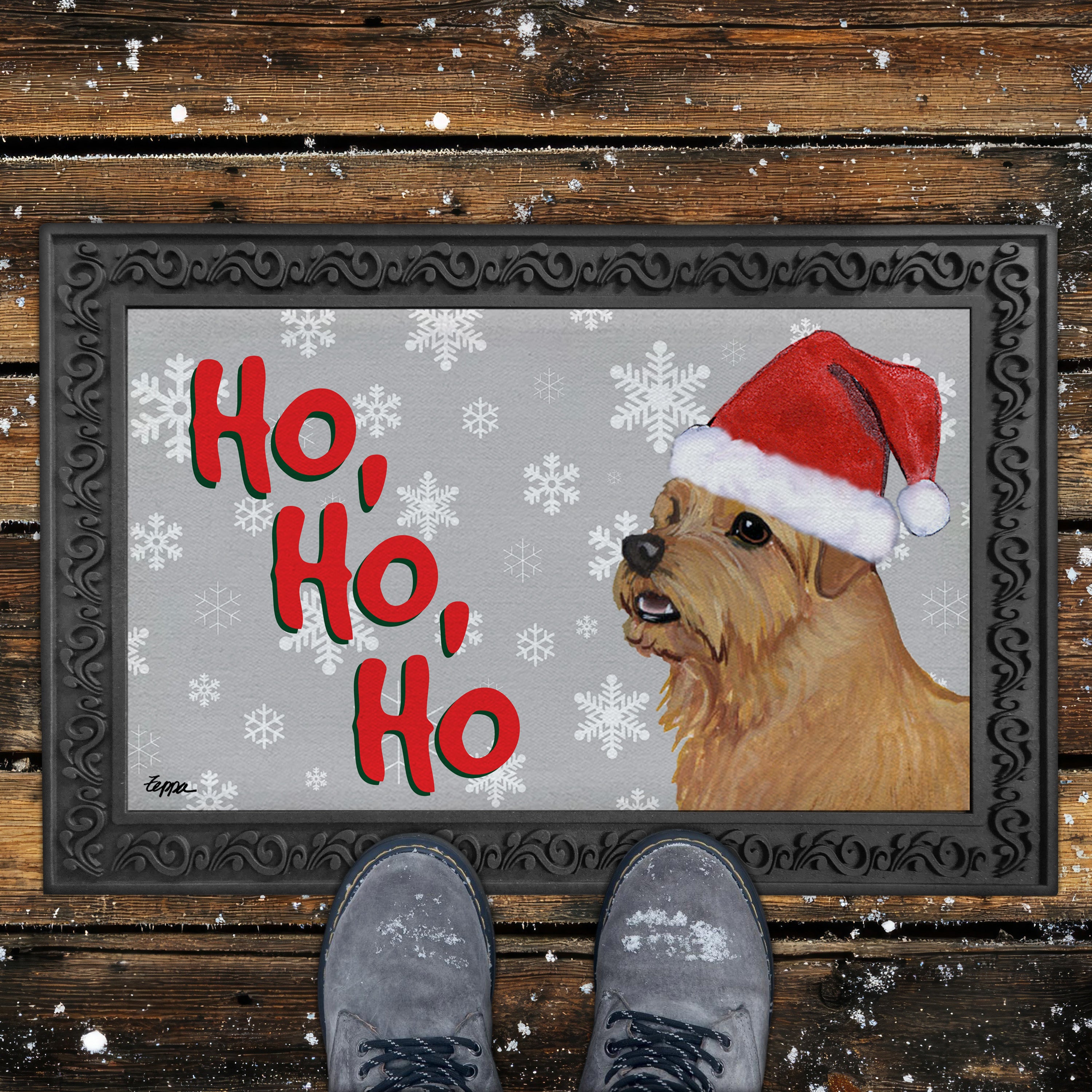 Norfolk Terrier Ho Ho Ho Door Mat in Grey