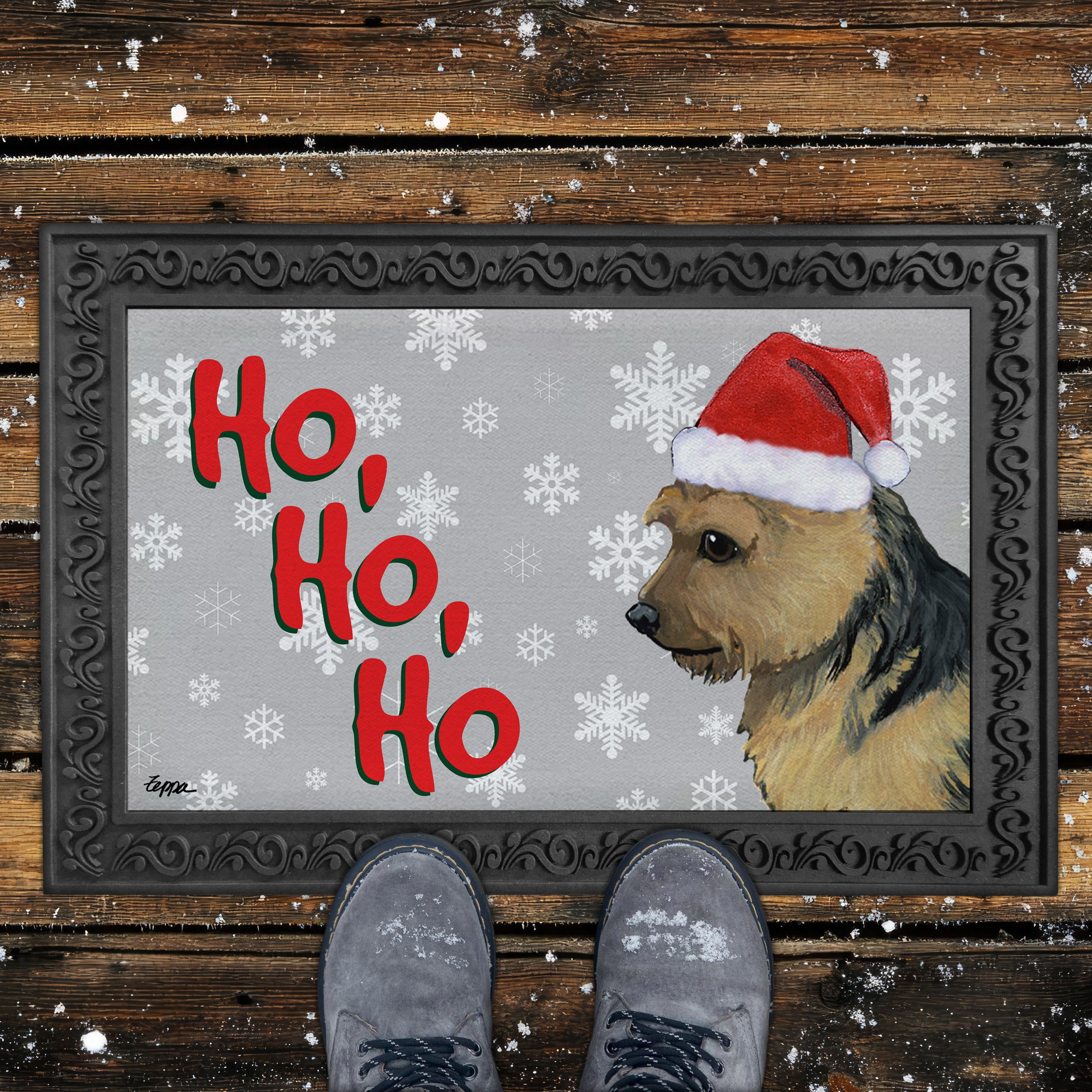Black and Tan Norwich Terrier Ho Ho Ho Door Mat in Grey