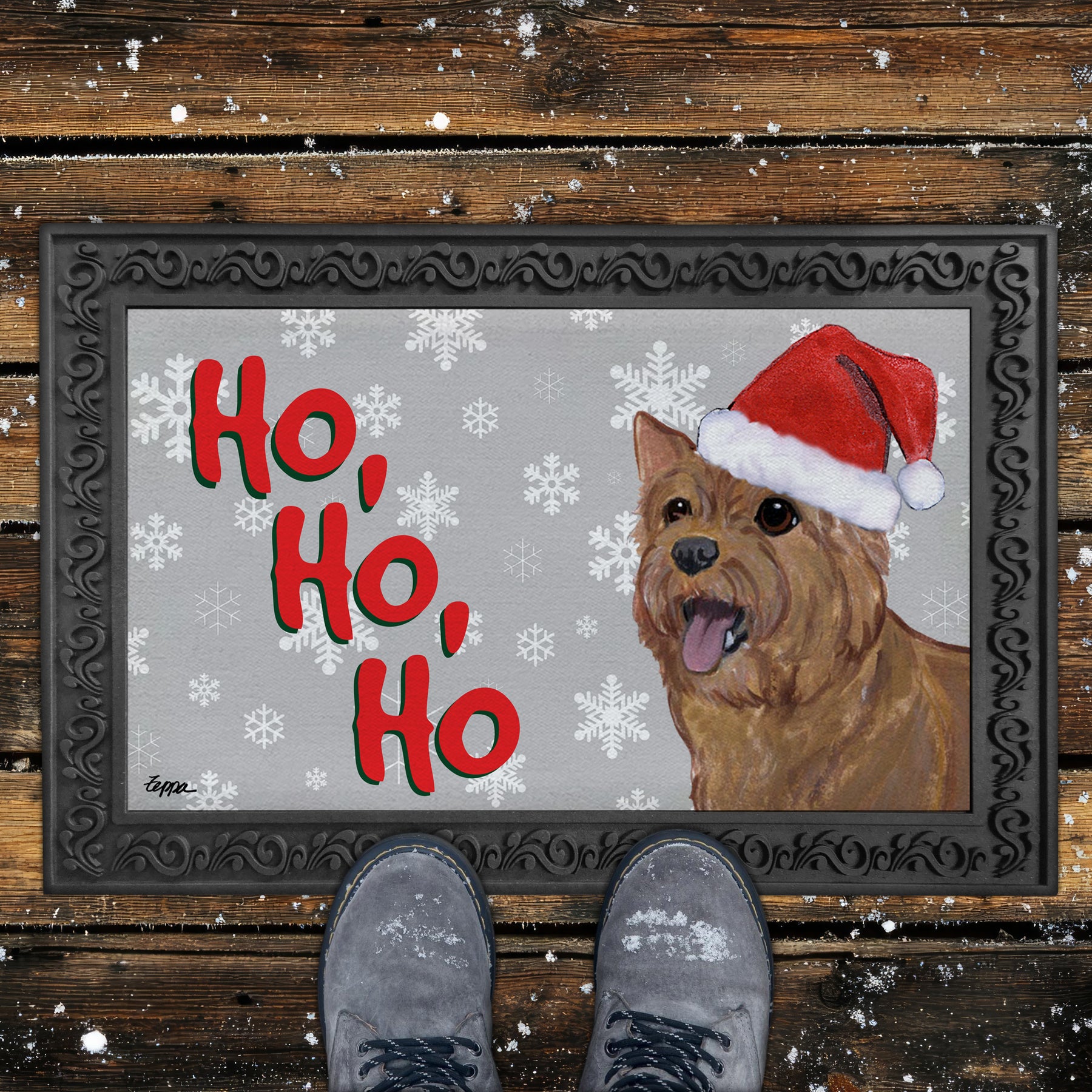 Norwich Terrier Ho Ho Ho Door Mat in Grey
