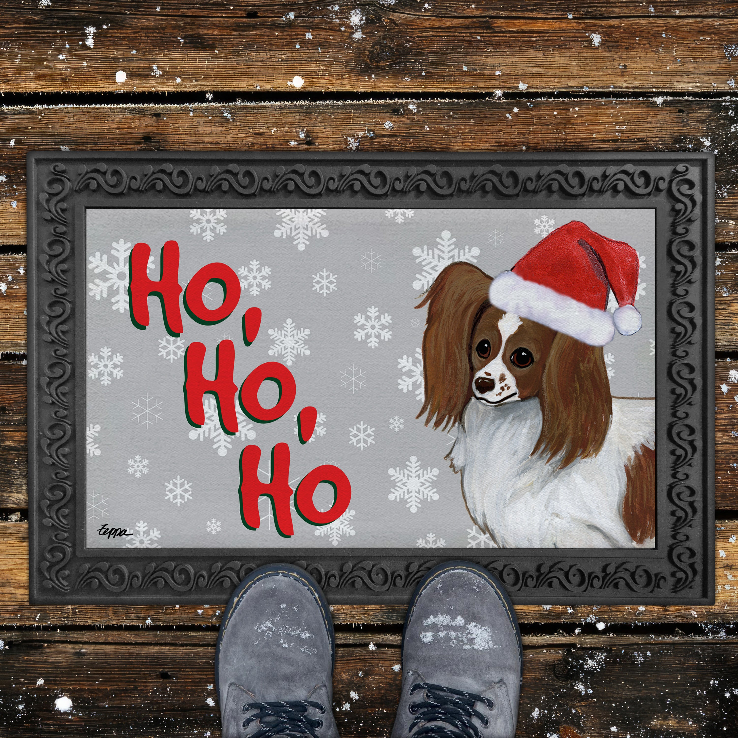 Red and White Papillon Ho Ho Ho Door Mat in Grey