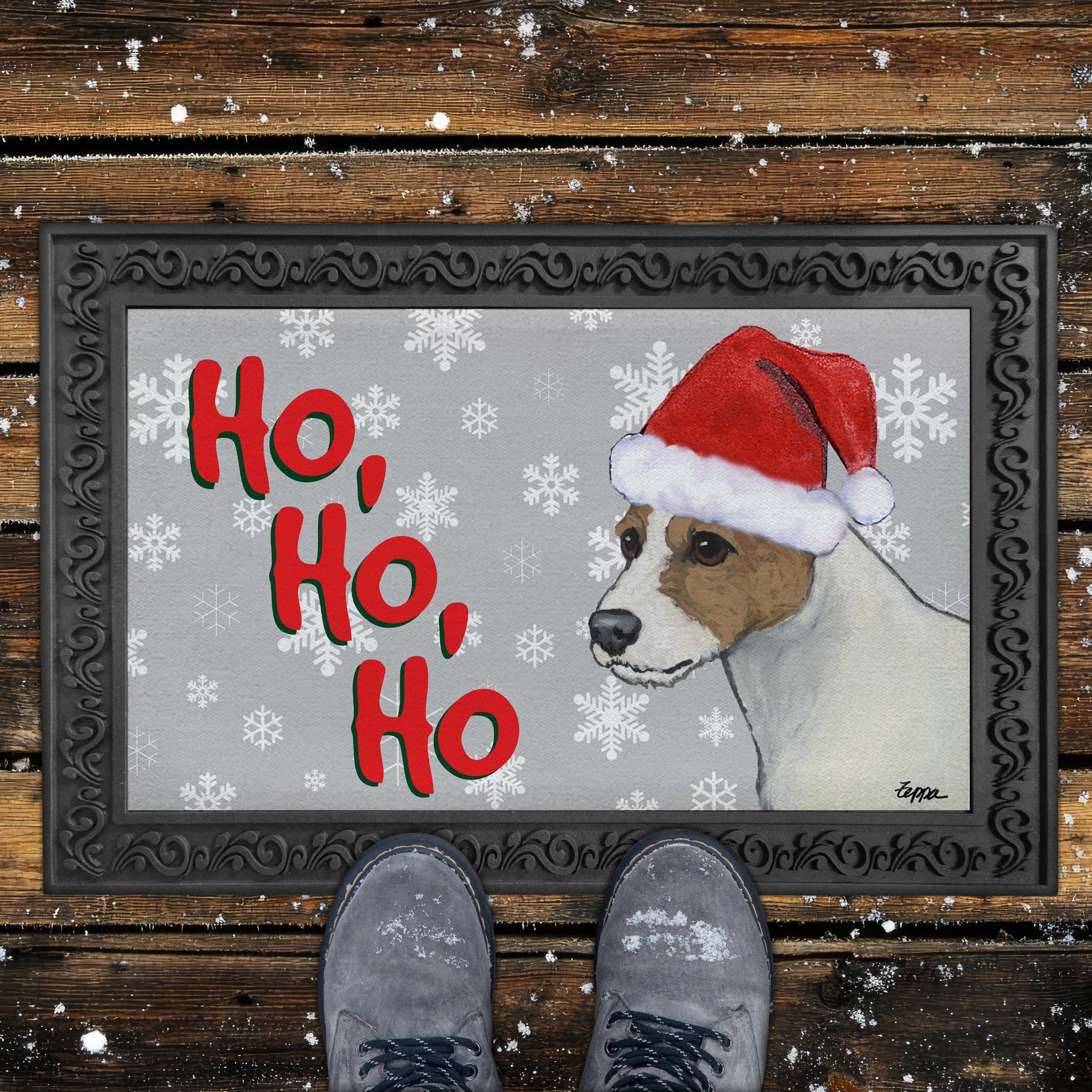 Parson Russell Terrier Ho Ho Ho Door Mat in Grey