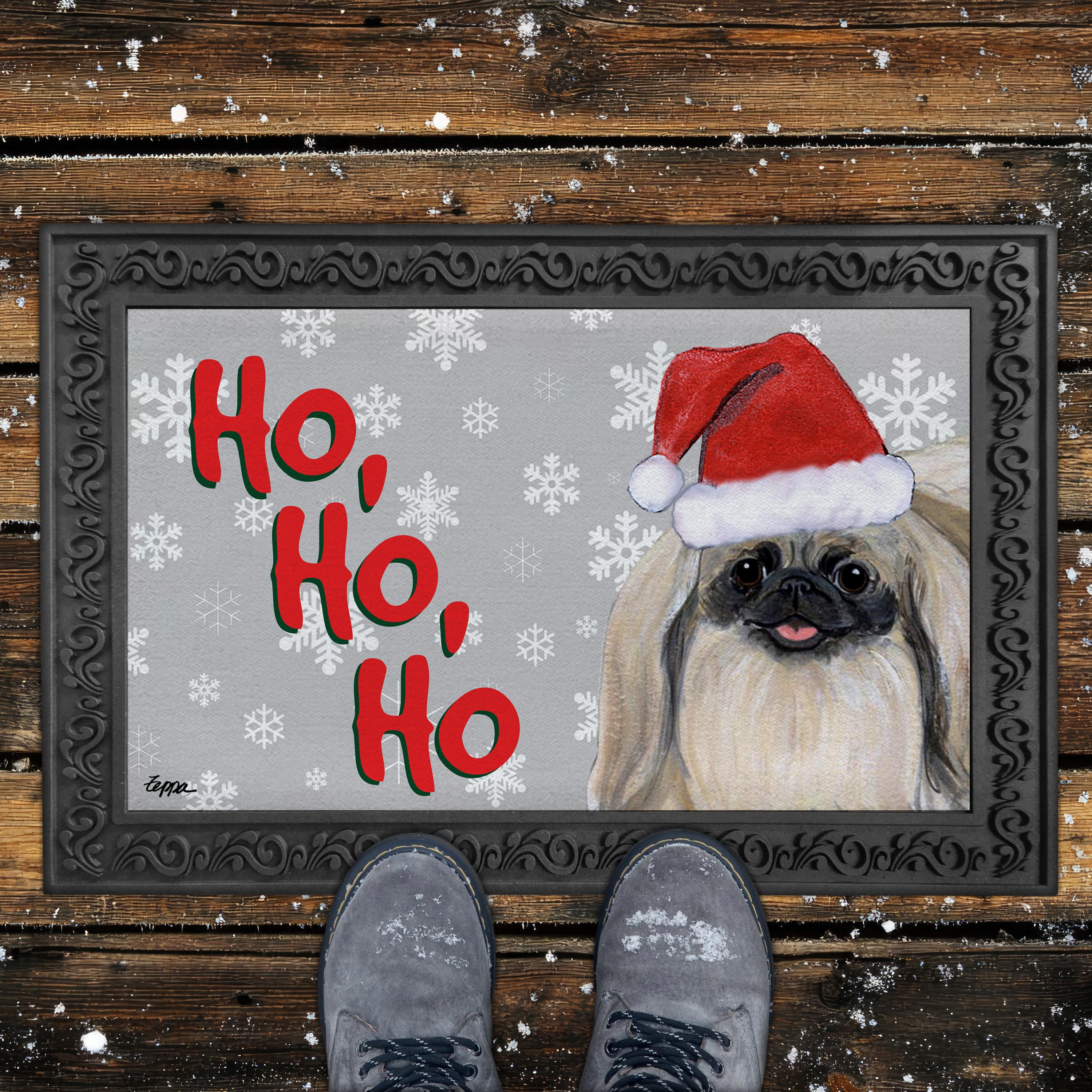 Pekingese Ho Ho Ho Door Mat in Grey