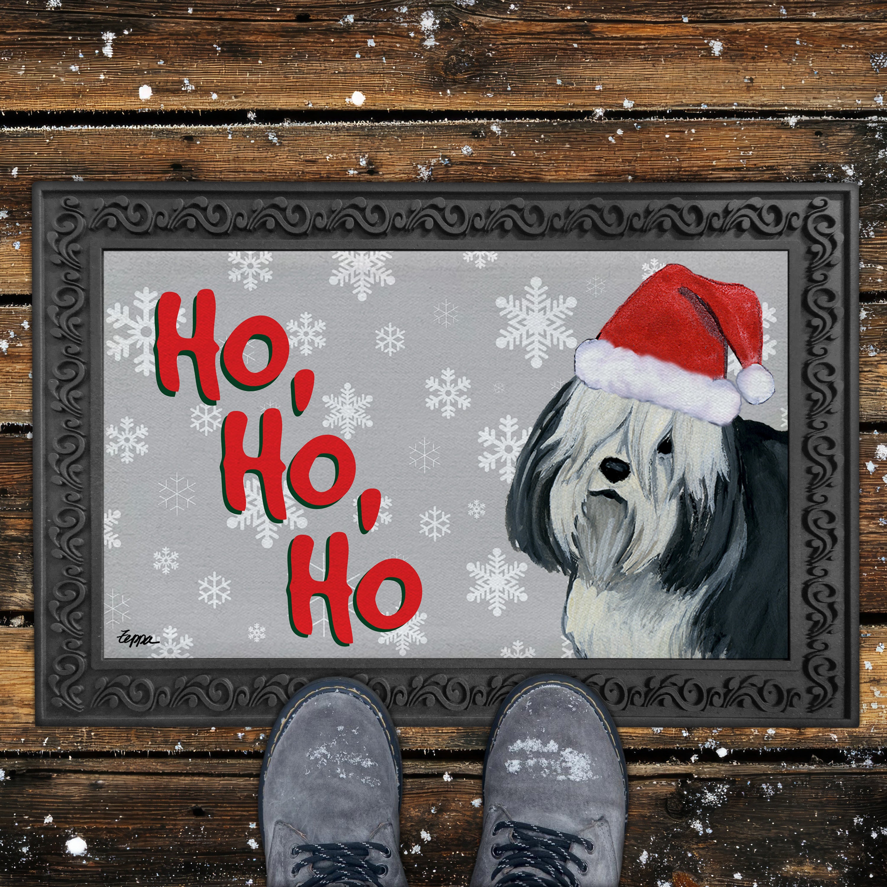 Polish Lowland Sheepdog Ho Ho Ho Door Mat in Grey