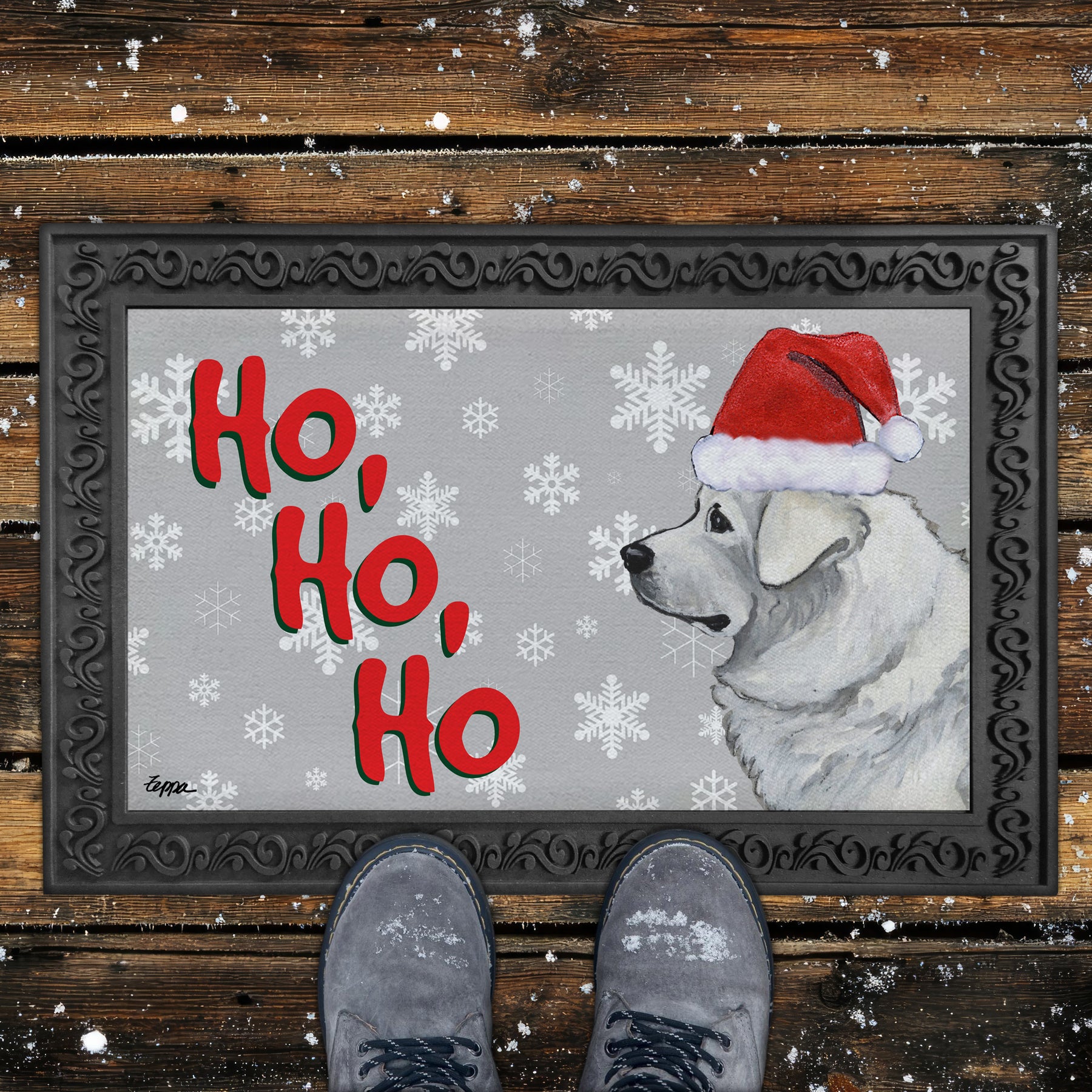 Polish Tatra Sheepdog Ho Ho Ho Door Mat in Grey