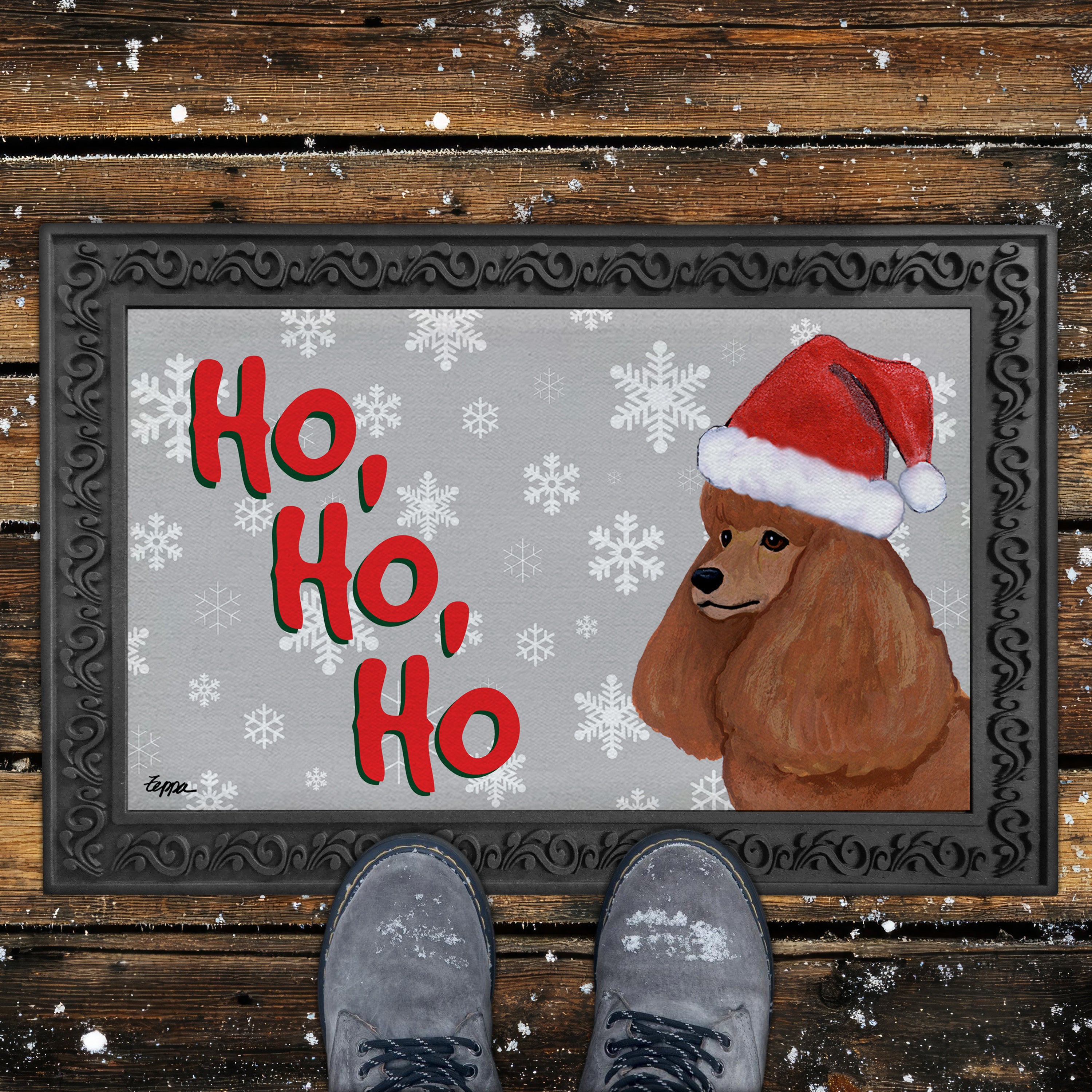 Apricot Poodle Ho Ho Ho Door Mat in Grey