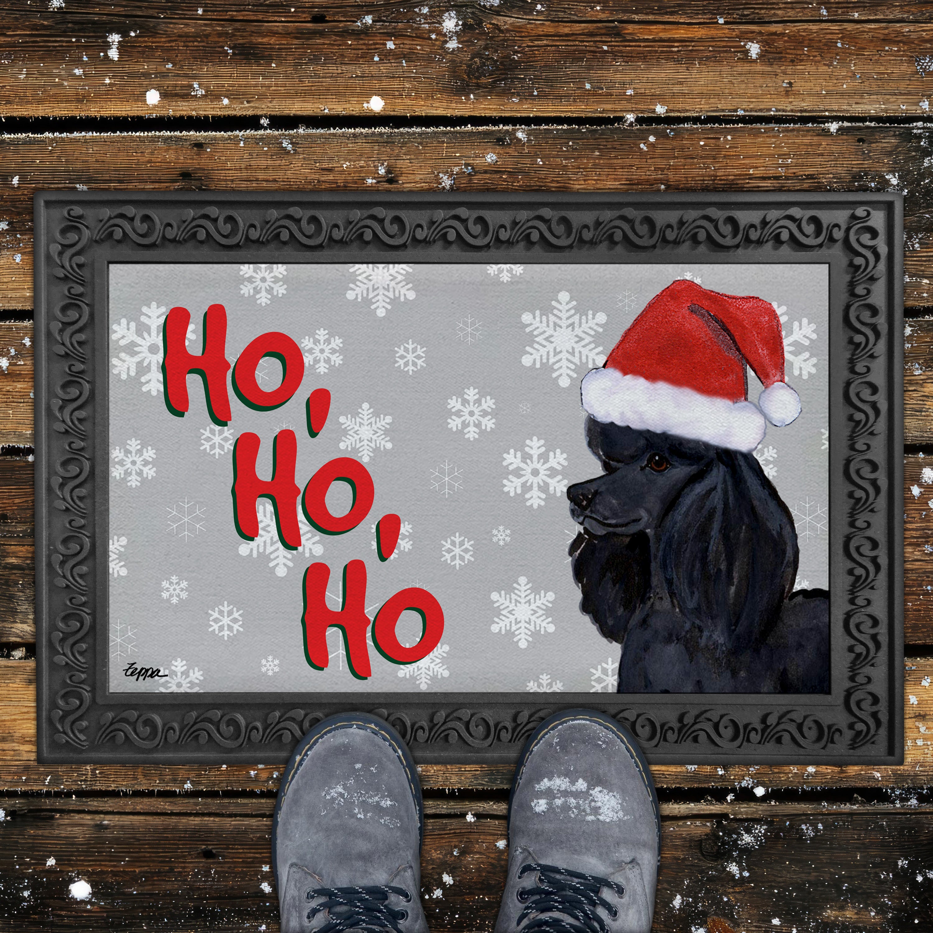 Black Poodle Ho Ho Ho Door Mat in Grey