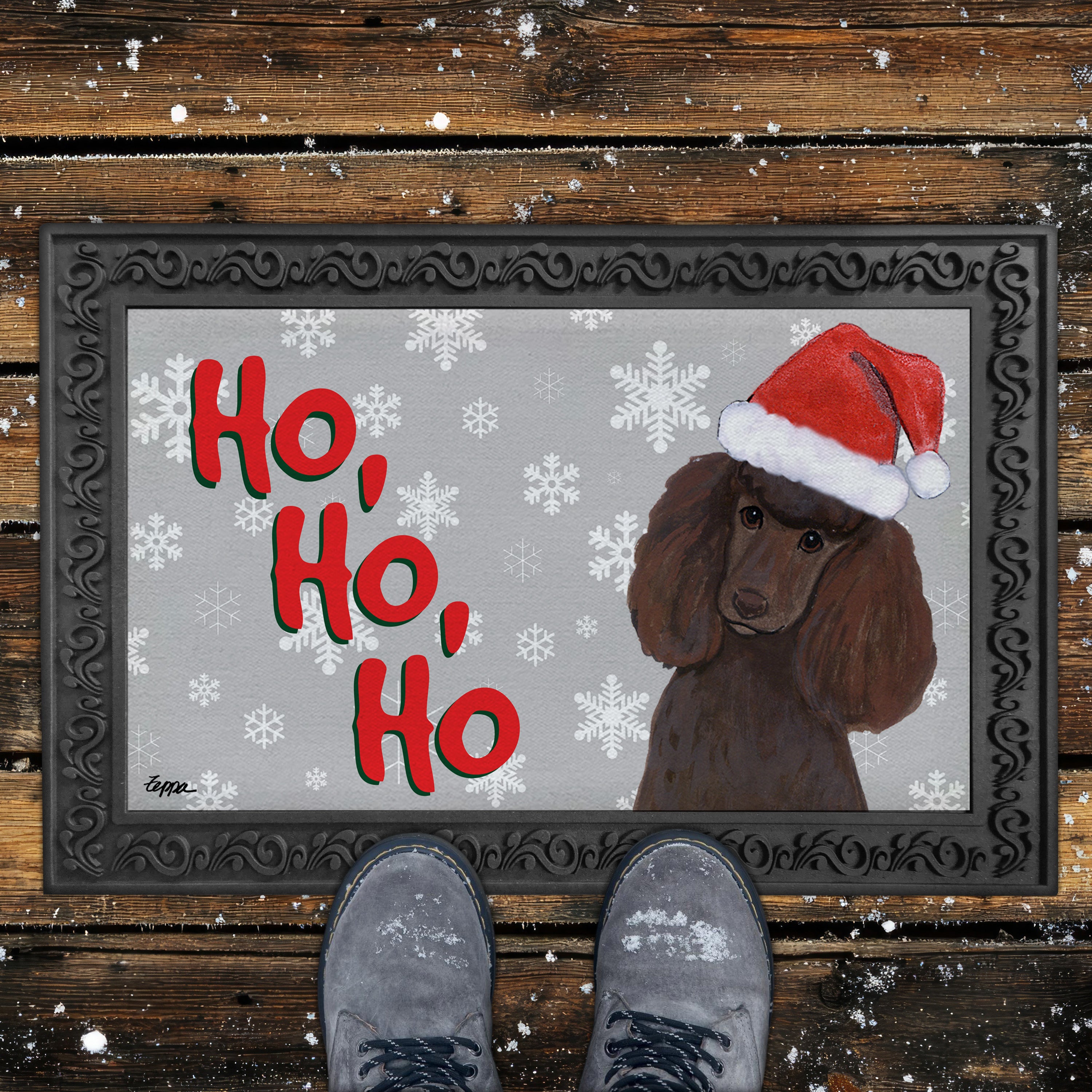 Chocolate Poodle Ho Ho Ho Door Mat in Grey