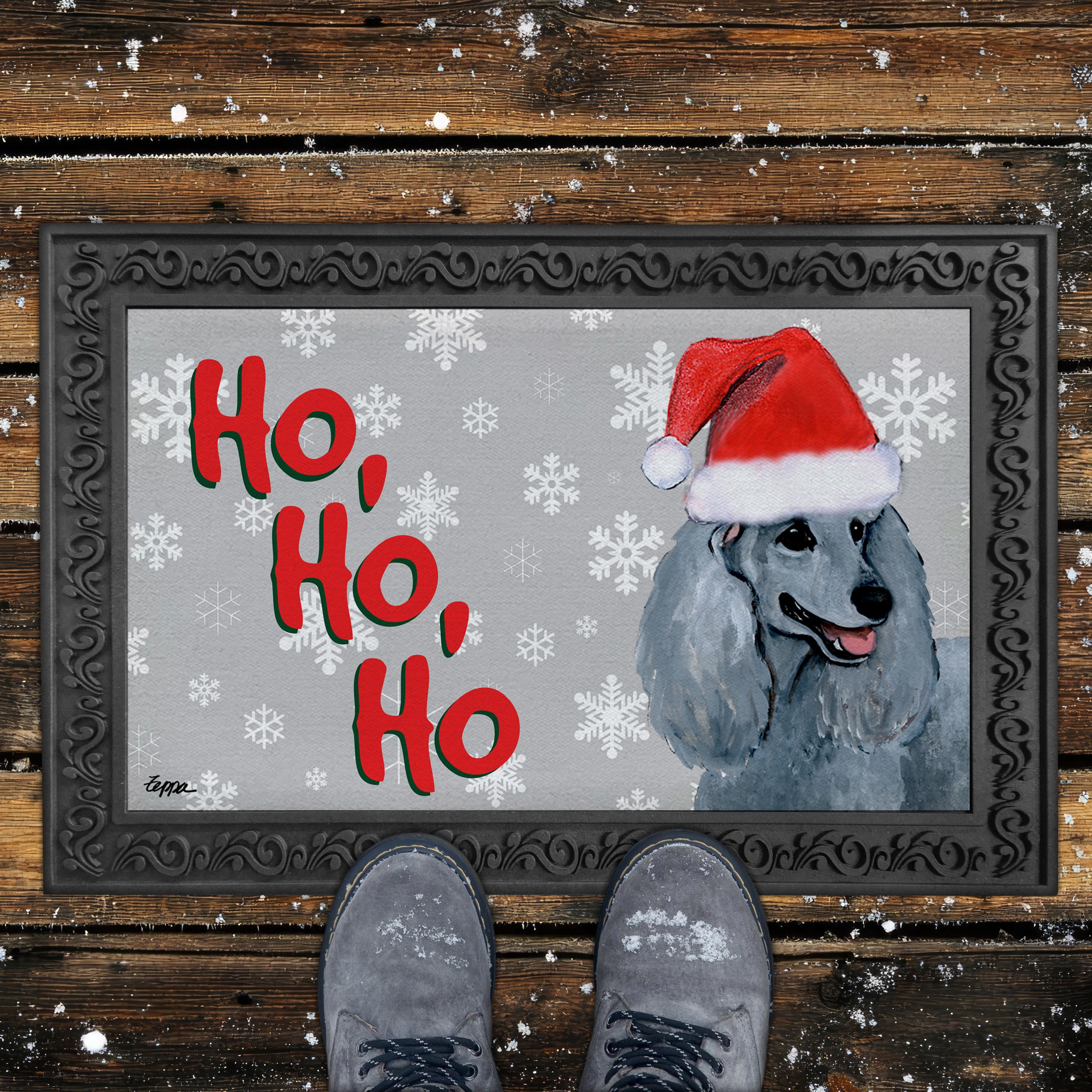 Silver Poodle Ho Ho Ho Door Mat in Grey