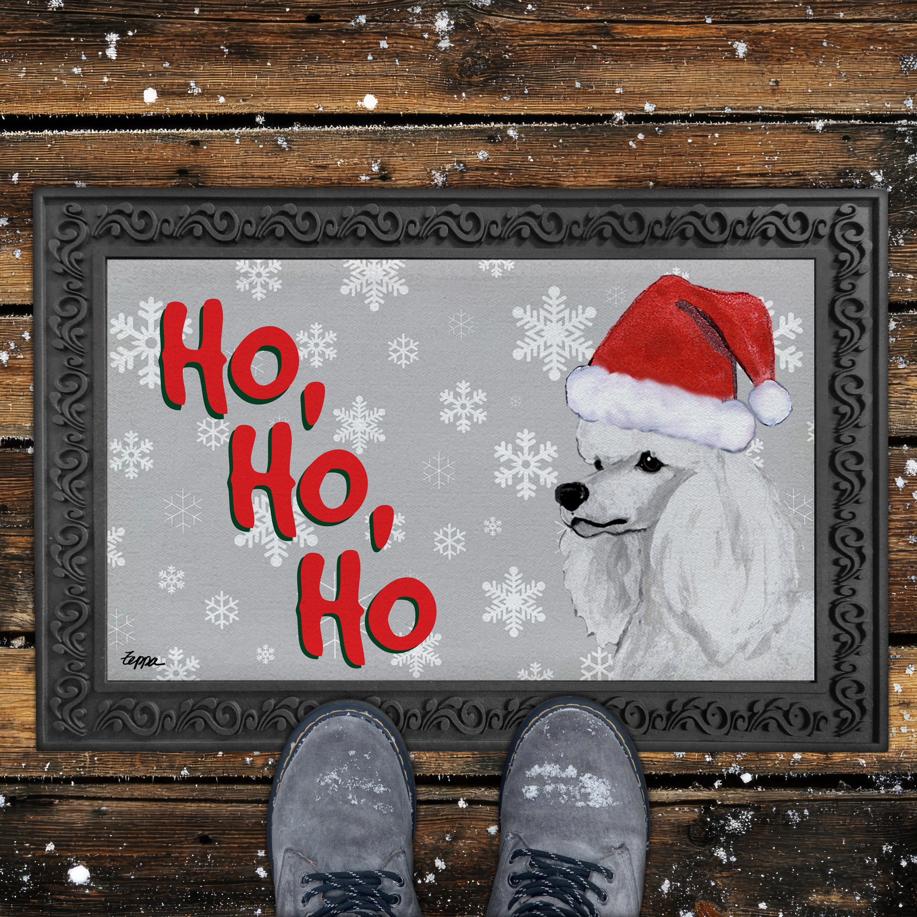 White Poodle Ho Ho Ho Door Mat in Grey