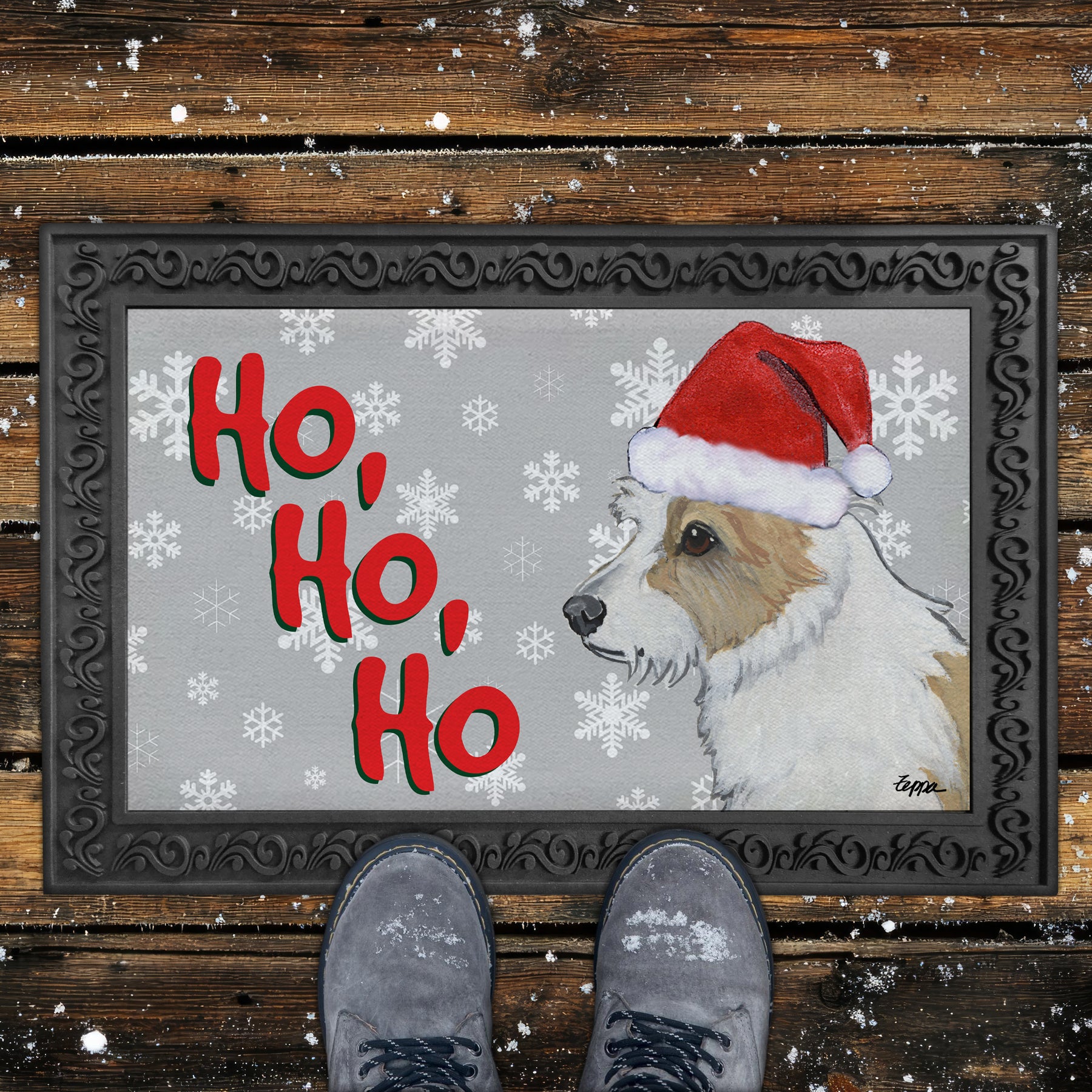 Portuguese Podengo Pequeno Ho Ho Ho Door Mat in Grey