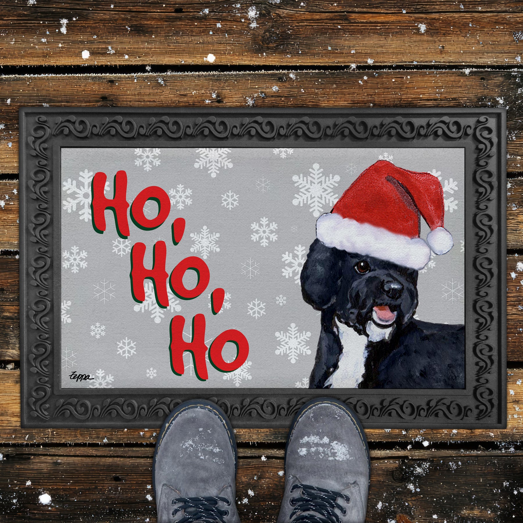 Portuguese Water Dog Ho Ho Ho Door Mat in Grey