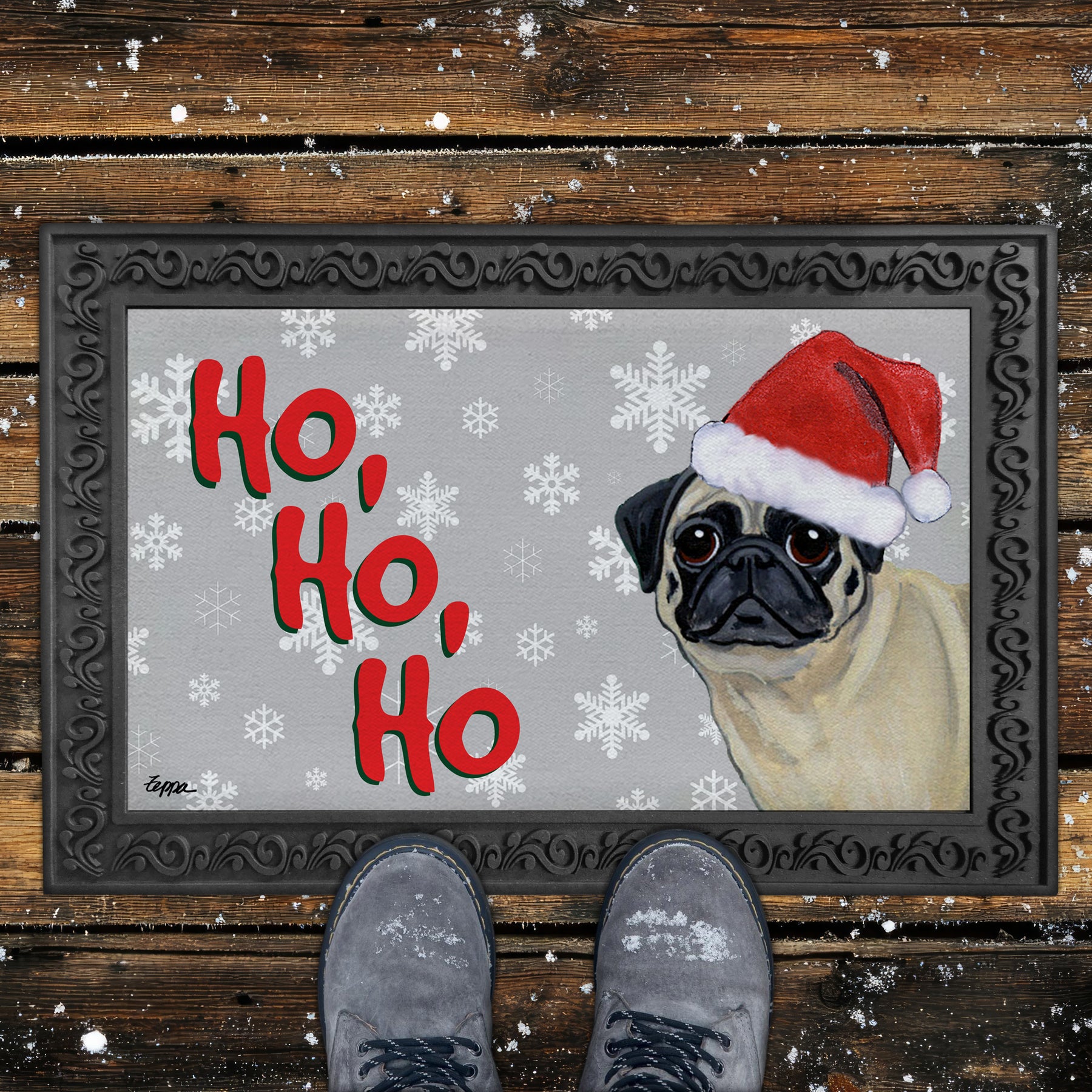 Pug Ho Ho Ho Door Mat in Grey