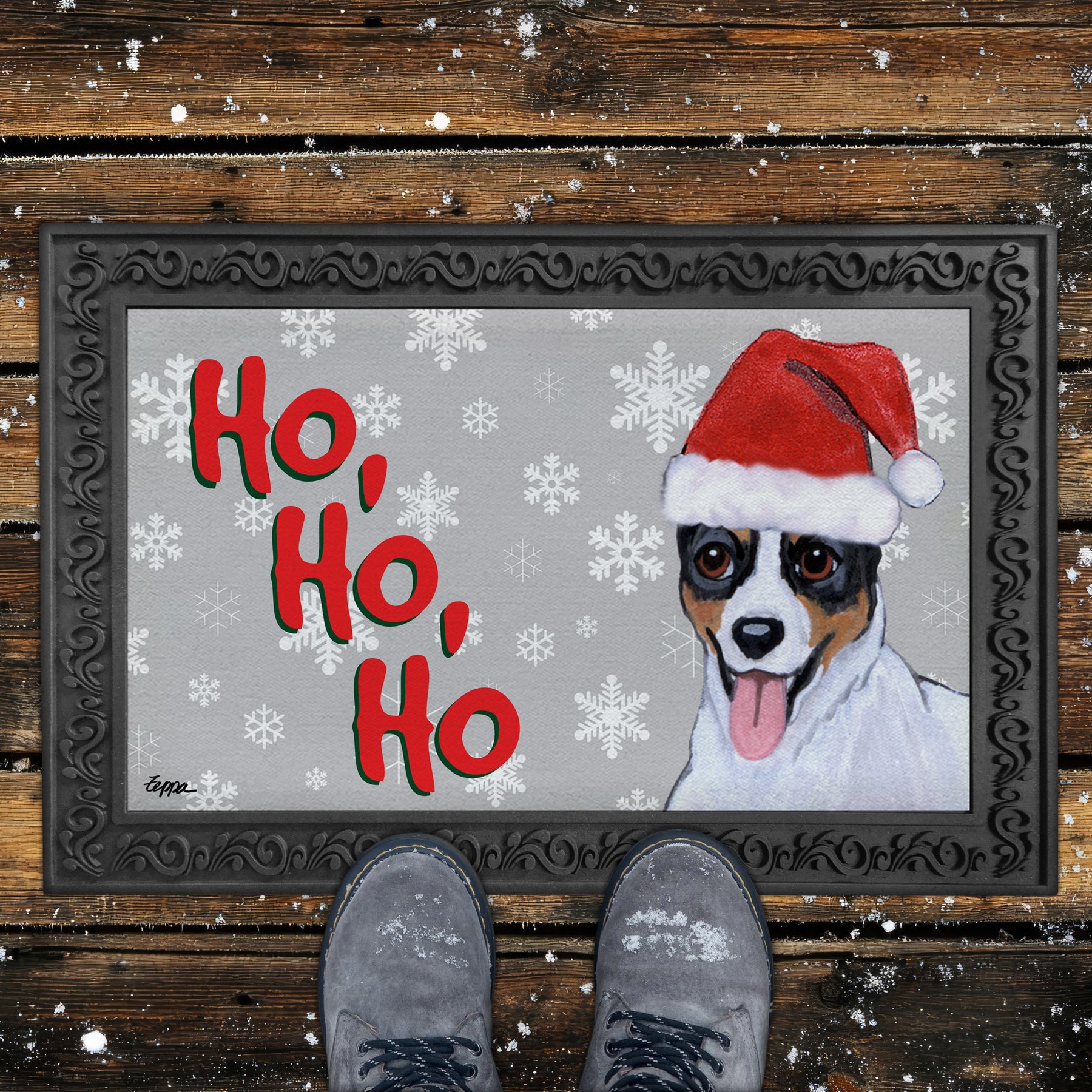 Rat Terrier Ho Ho Ho Door Mat in Grey