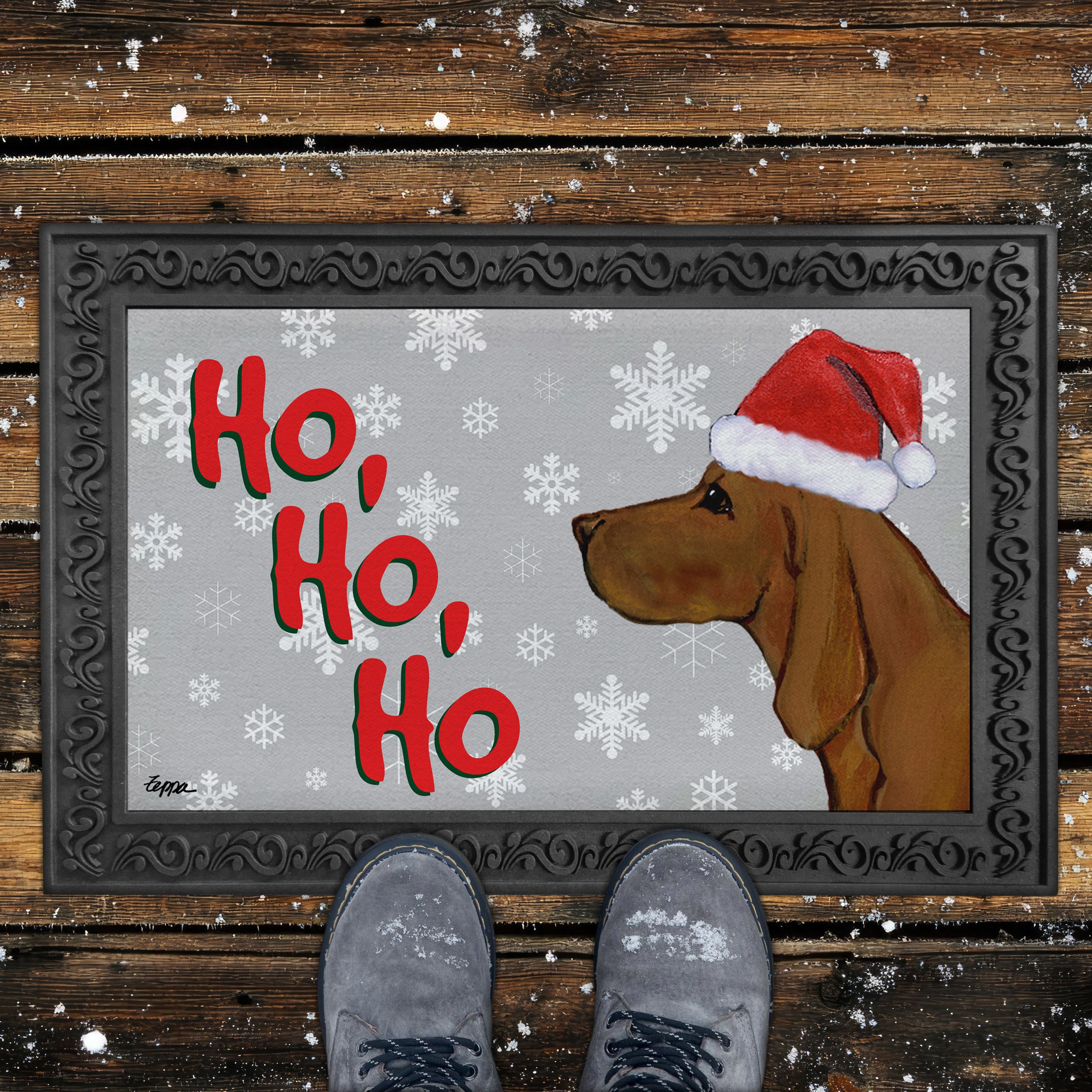 Redbone Coonhound Ho Ho Ho Door Mat in Grey