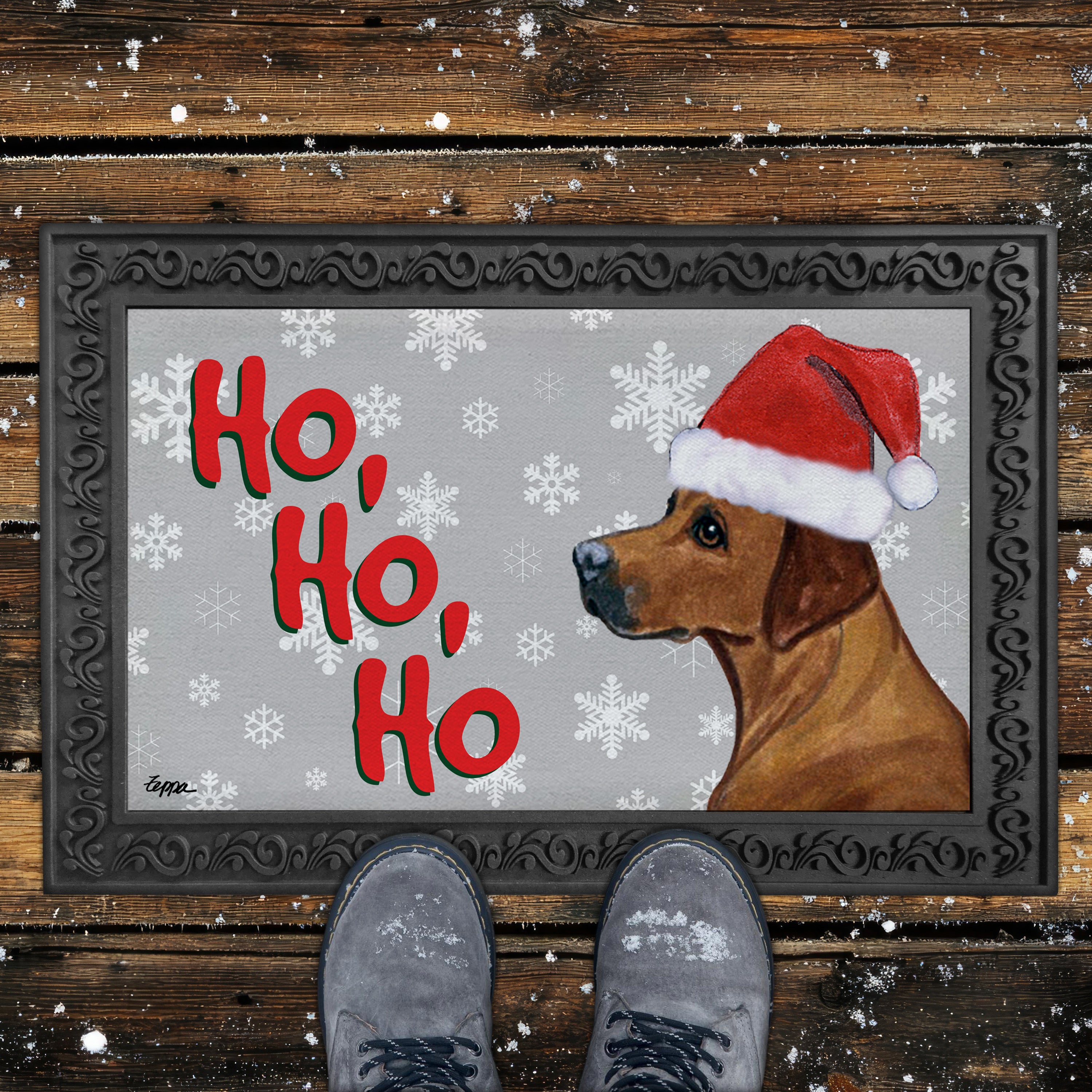 Rhodesian Ridgeback Ho Ho Ho Door Mat in Grey