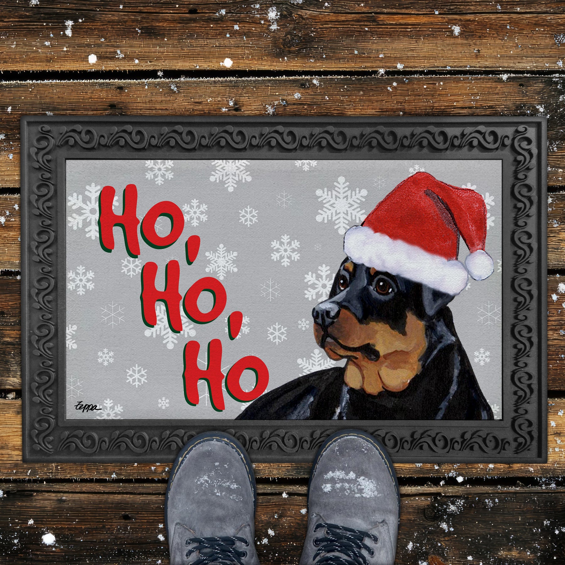 Rottweiler Ho Ho Ho Door Mat in Grey