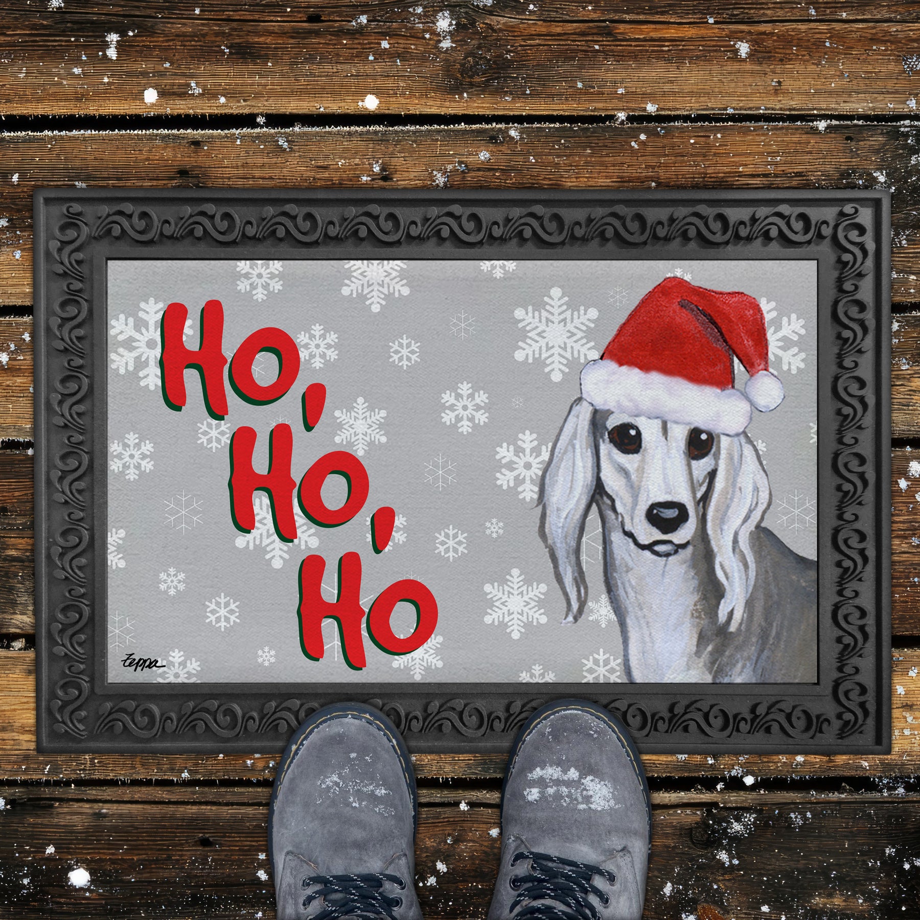 Saluki Ho Ho Ho Door Mat in Grey