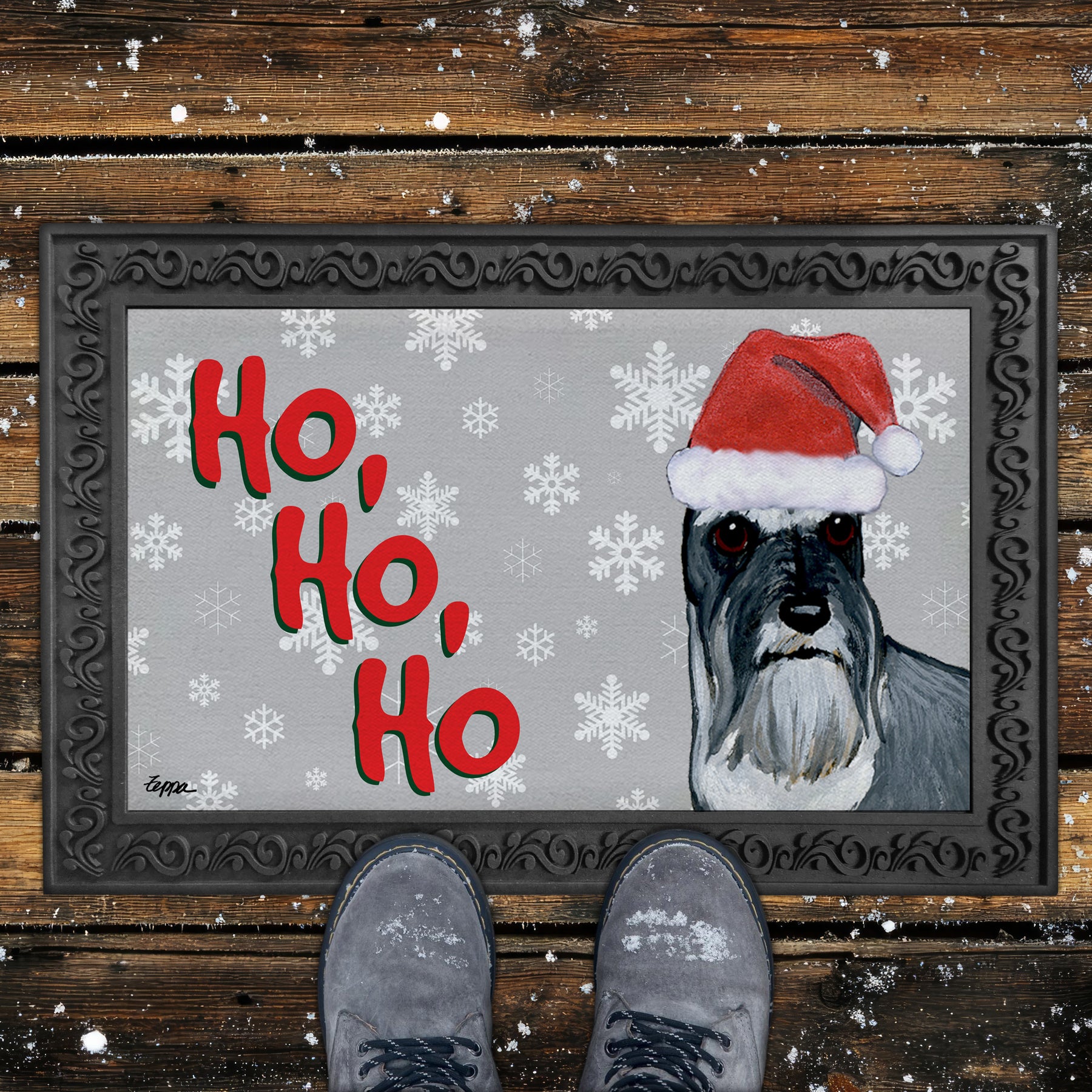 Schnauzer Standing Ho Ho Ho Door Mat in Grey