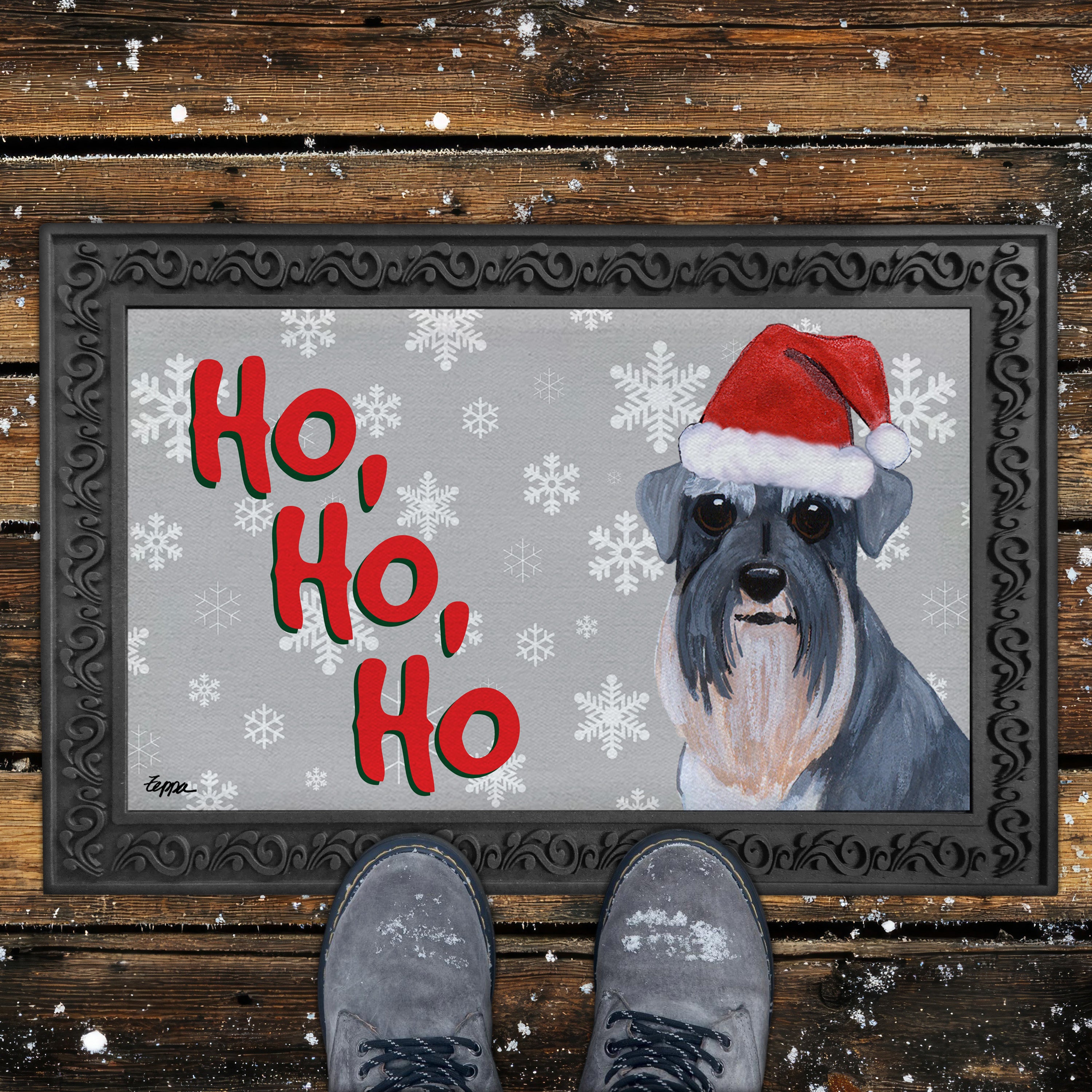 Schnauzer with Natural Ears Ho Ho Ho Door Mat in Grey