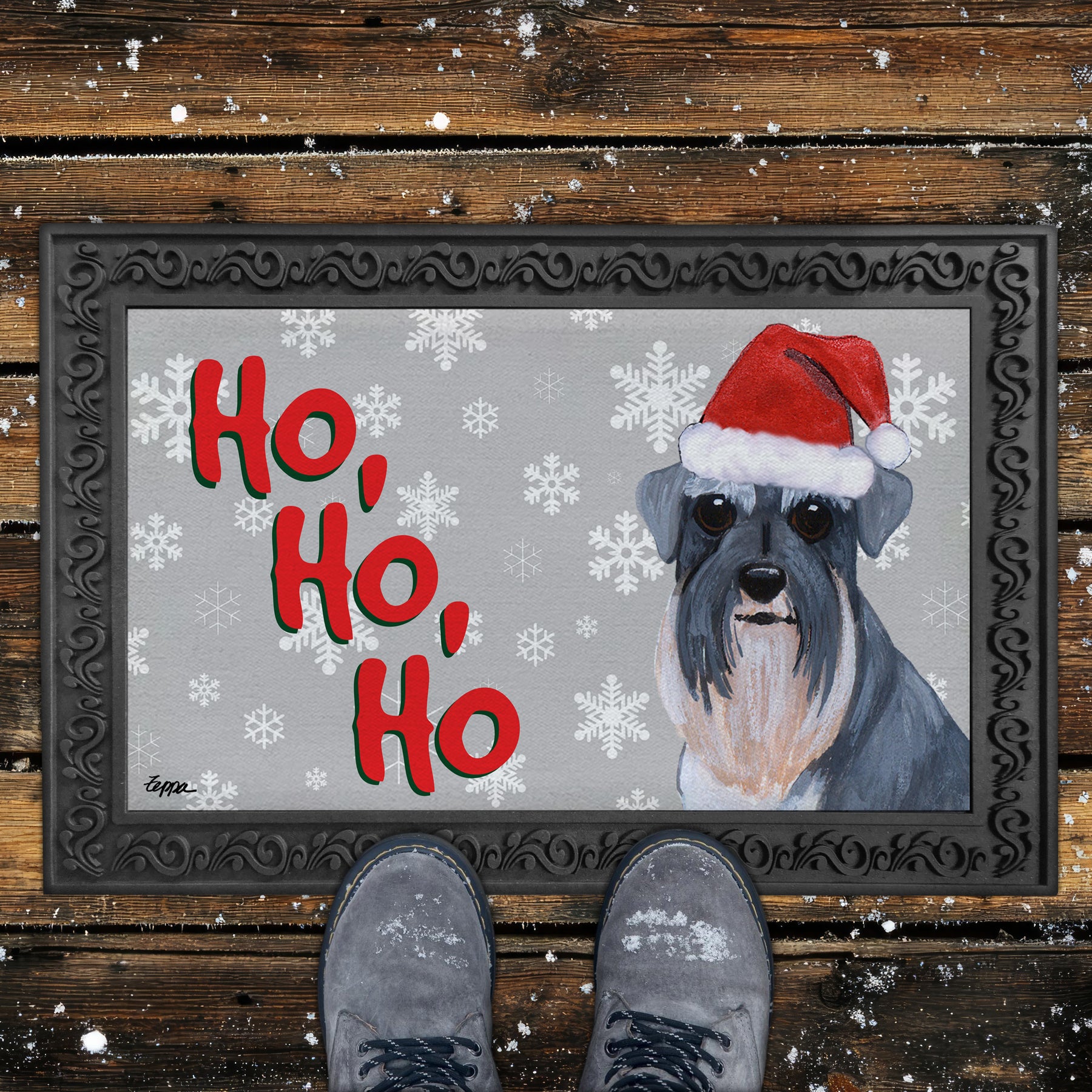 Schnauzer with Natural Ears Ho Ho Ho Door Mat in Grey